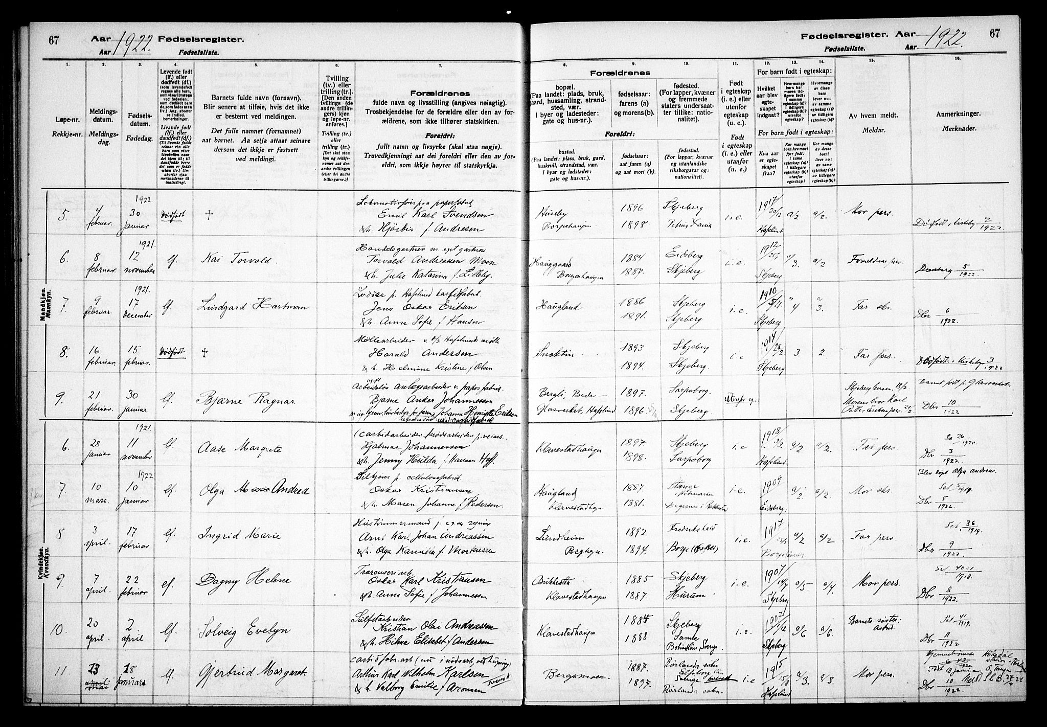 Skjeberg prestekontor Kirkebøker, AV/SAO-A-10923/J/Jd/L0001: Fødselsregister nr. IV 1, 1916-1935, s. 67