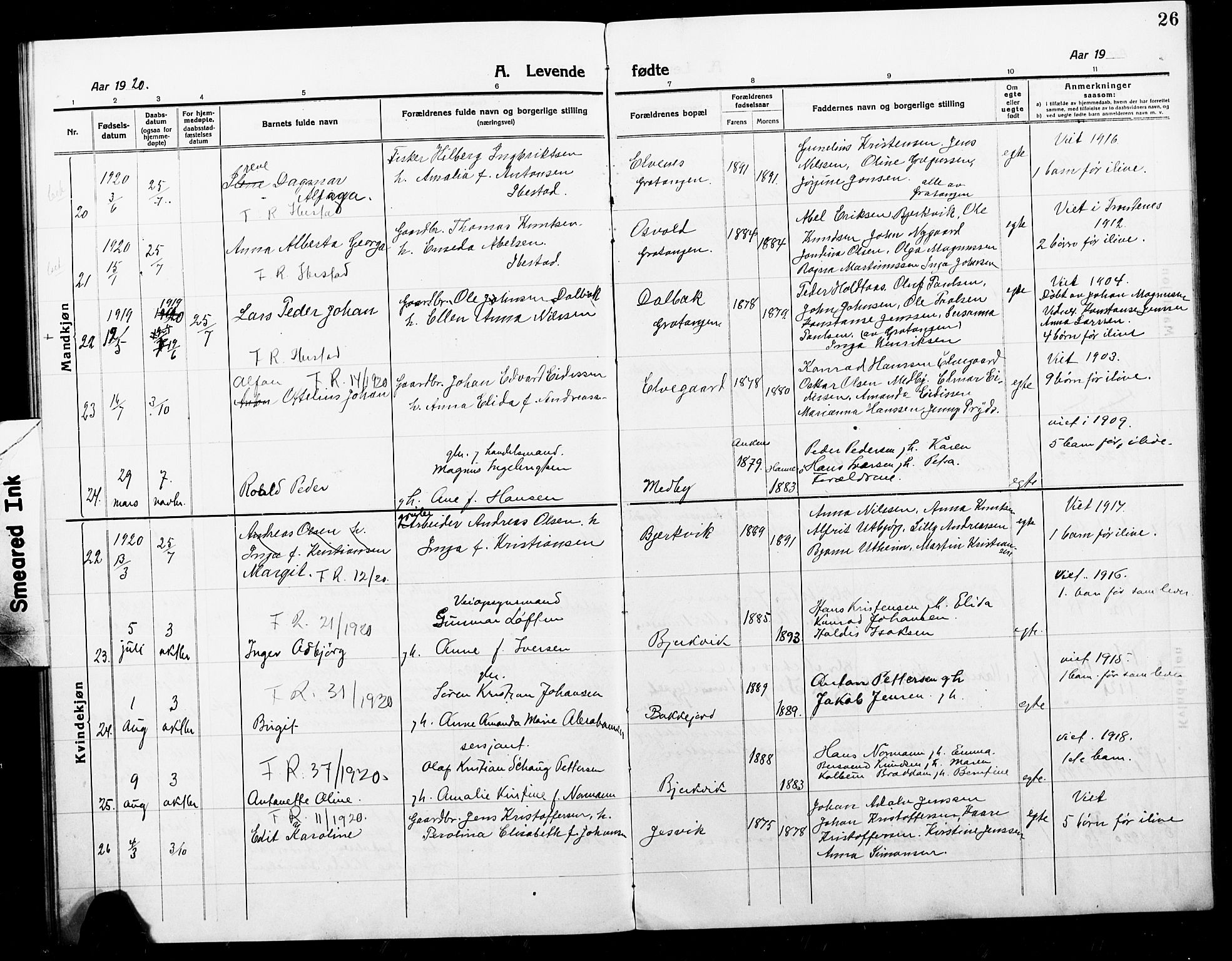 Ministerialprotokoller, klokkerbøker og fødselsregistre - Nordland, SAT/A-1459/868/L0969: Klokkerbok nr. 868C01, 1914-1925, s. 26