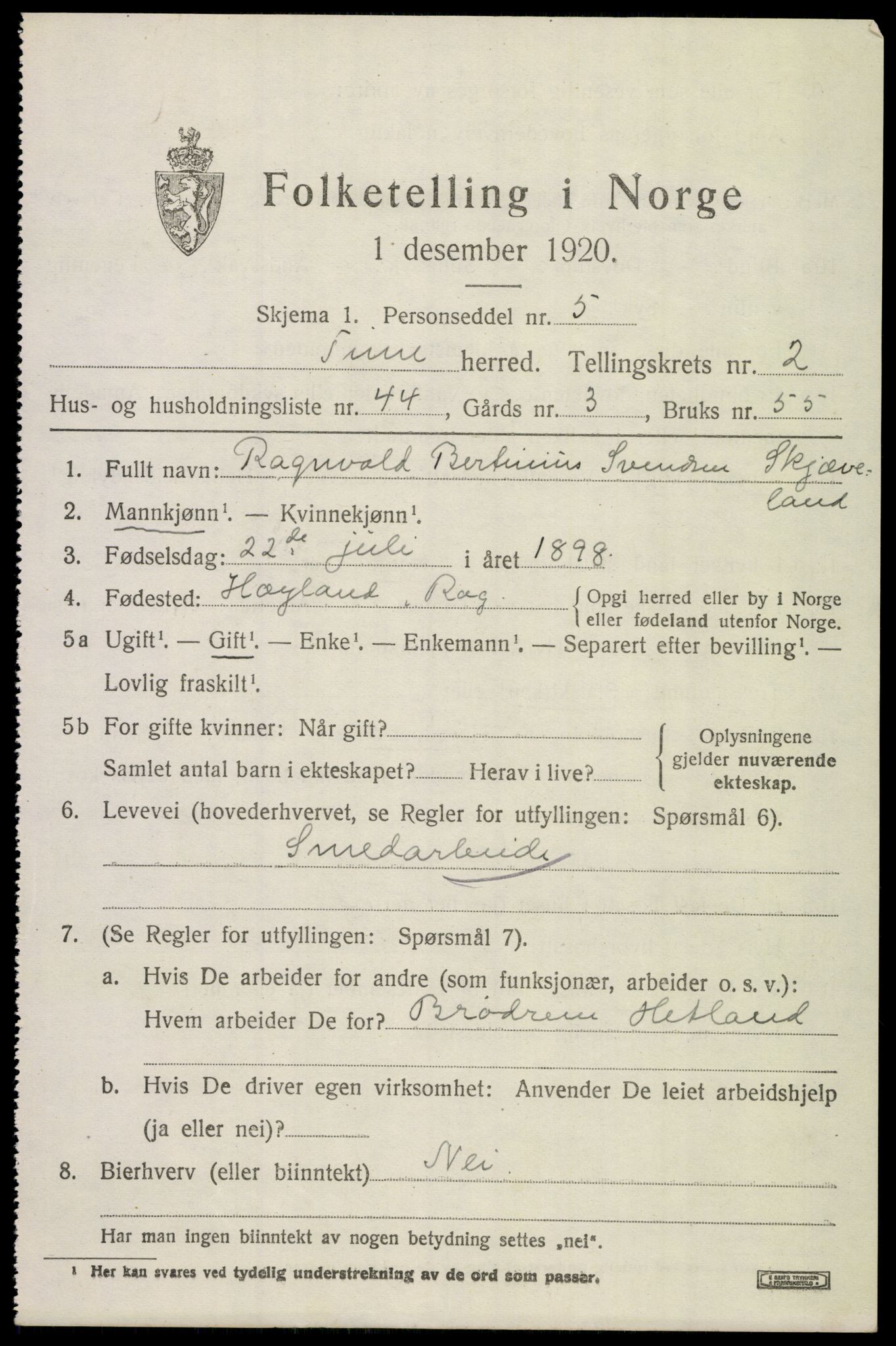 SAST, Folketelling 1920 for 1121 Time herred, 1920, s. 3349