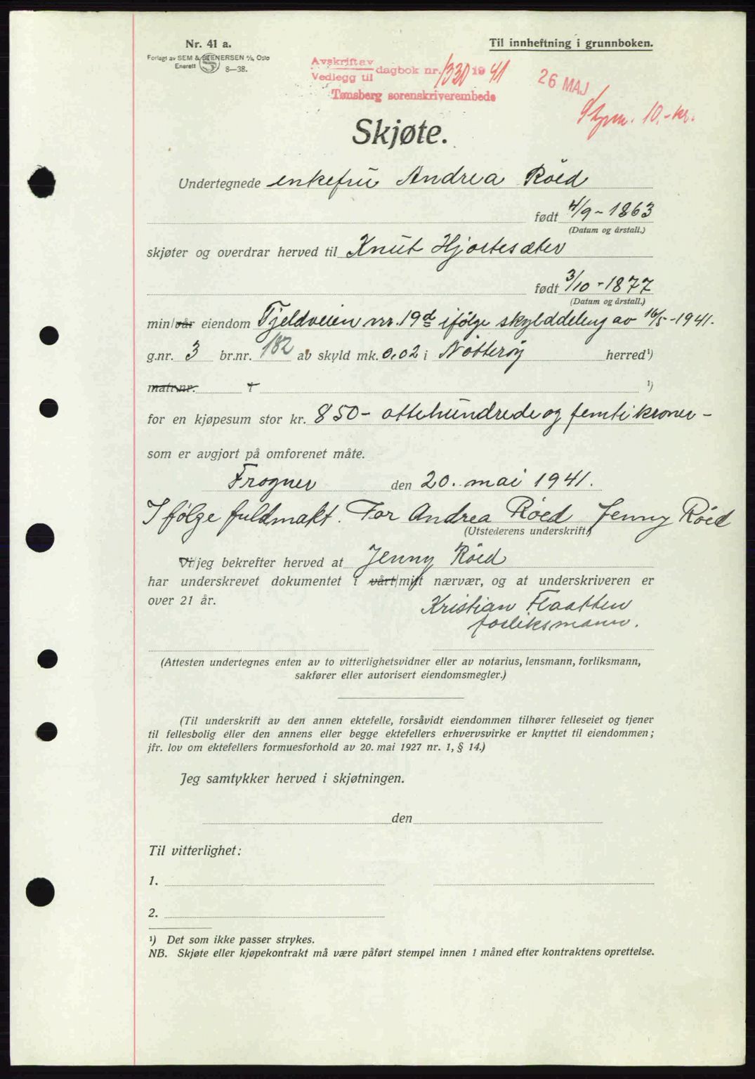 Tønsberg sorenskriveri, AV/SAKO-A-130/G/Ga/Gaa/L0010: Pantebok nr. A10, 1941-1941, Dagboknr: 1330/1941