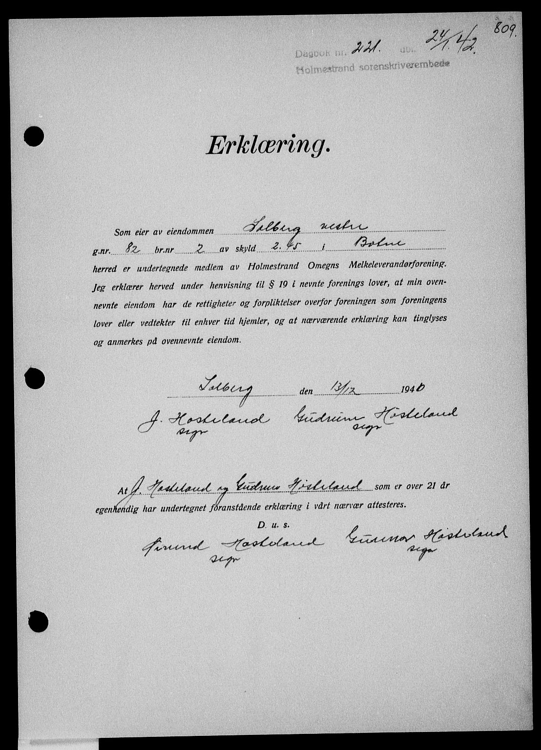 Holmestrand sorenskriveri, SAKO/A-67/G/Ga/Gaa/L0054: Pantebok nr. A-54, 1941-1942, Dagboknr: 221/1942