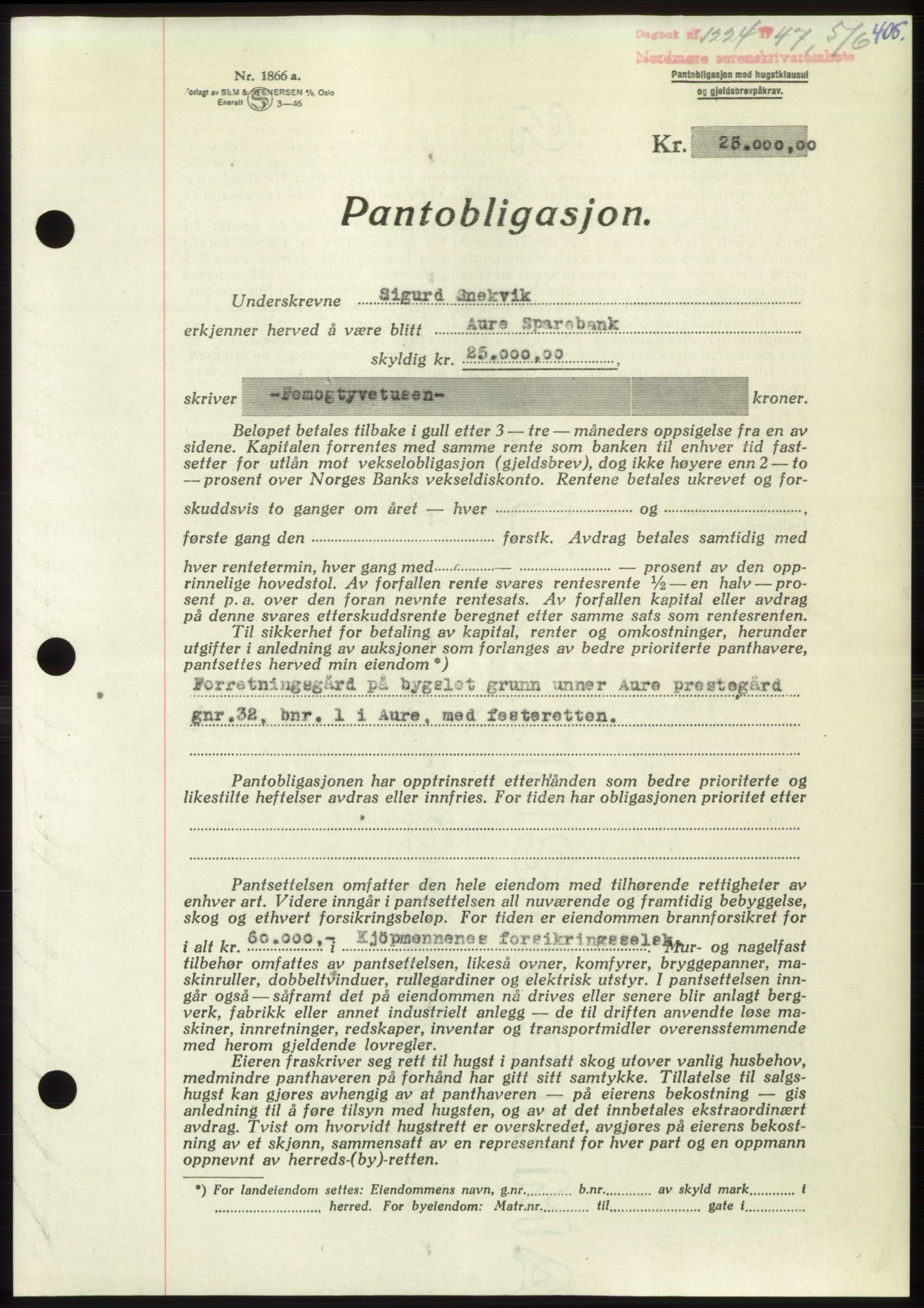 Nordmøre sorenskriveri, AV/SAT-A-4132/1/2/2Ca: Pantebok nr. B96, 1947-1947, Dagboknr: 1224/1947