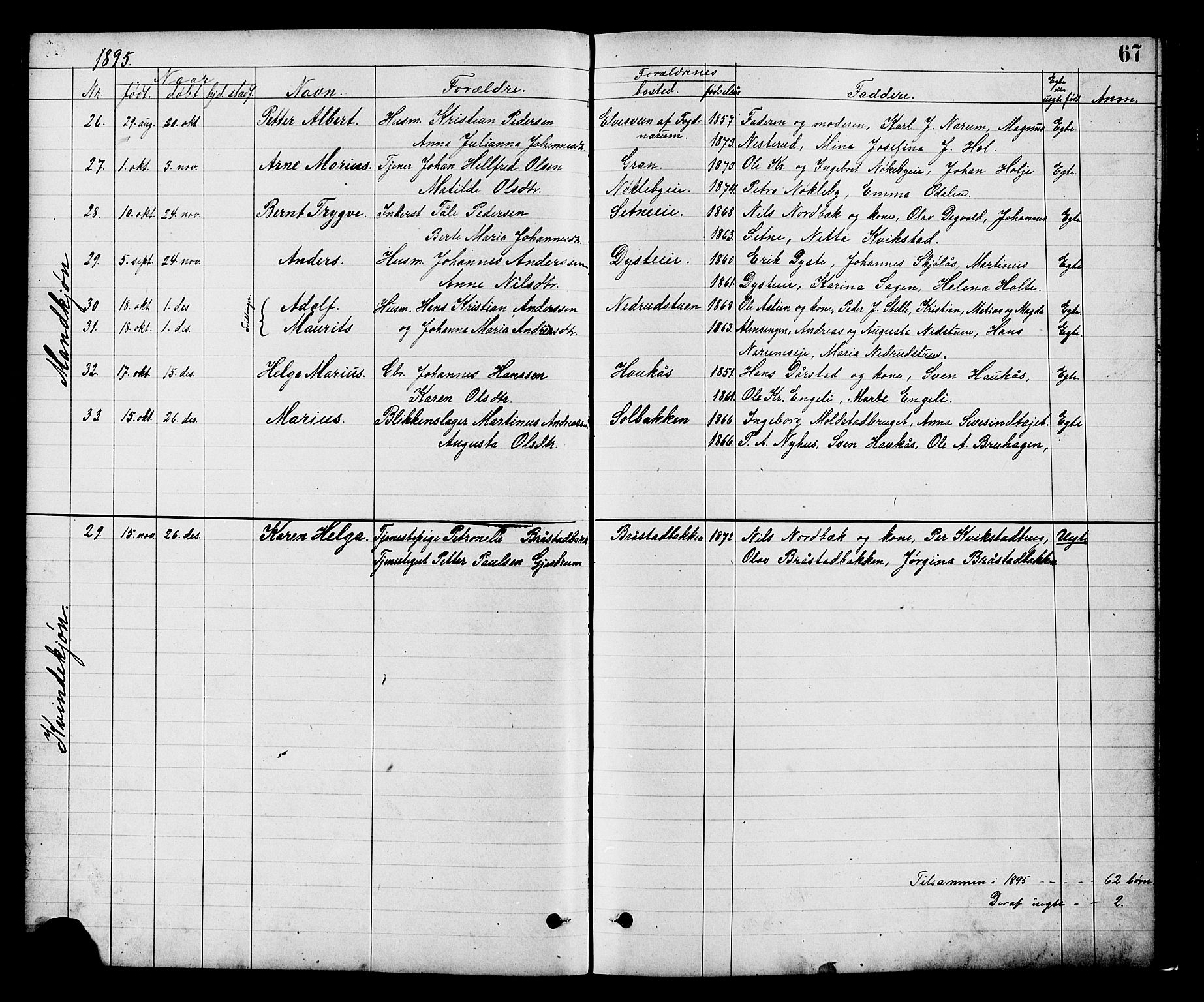 Vestre Toten prestekontor, AV/SAH-PREST-108/H/Ha/Hab/L0008: Klokkerbok nr. 8, 1885-1900, s. 67