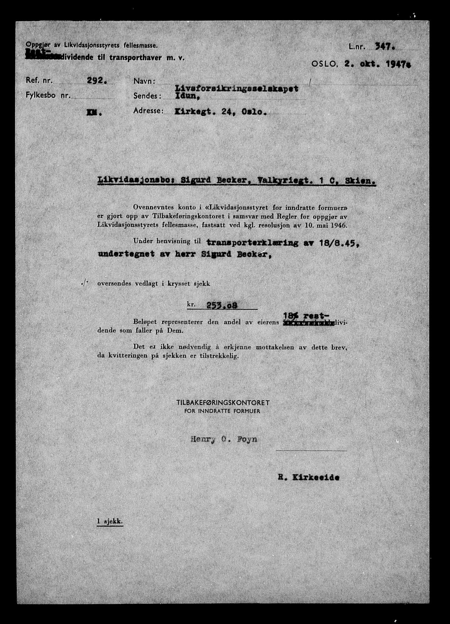 Justisdepartementet, Tilbakeføringskontoret for inndratte formuer, AV/RA-S-1564/H/Hc/Hcd/L0991: --, 1945-1947, s. 6