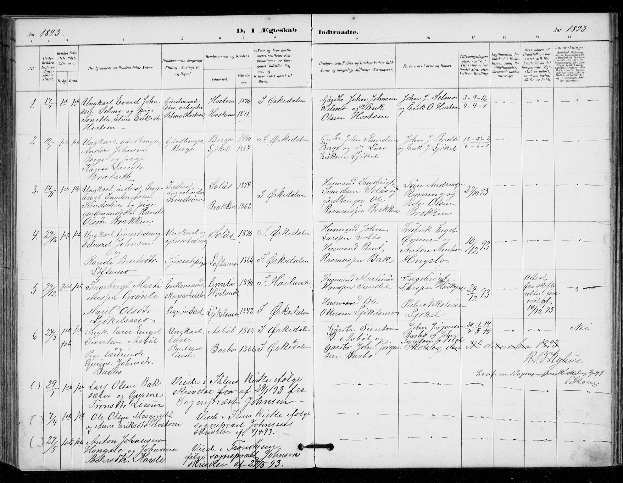 Ministerialprotokoller, klokkerbøker og fødselsregistre - Sør-Trøndelag, AV/SAT-A-1456/671/L0841: Ministerialbok nr. 671A03, 1893-1915