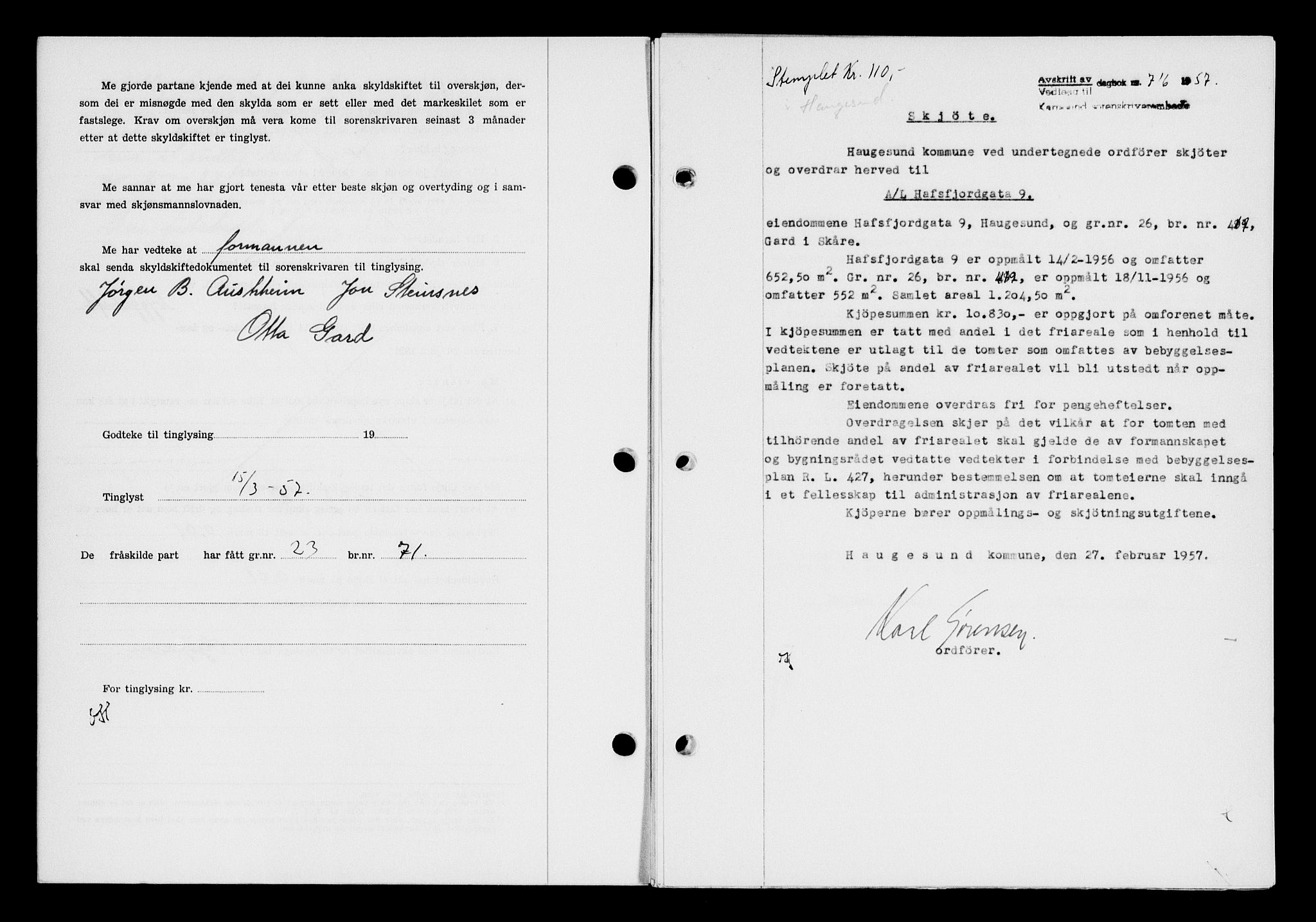 Karmsund sorenskriveri, SAST/A-100311/01/II/IIB/L0124: Pantebok nr. 104A, 1957-1957, Dagboknr: 716/1957