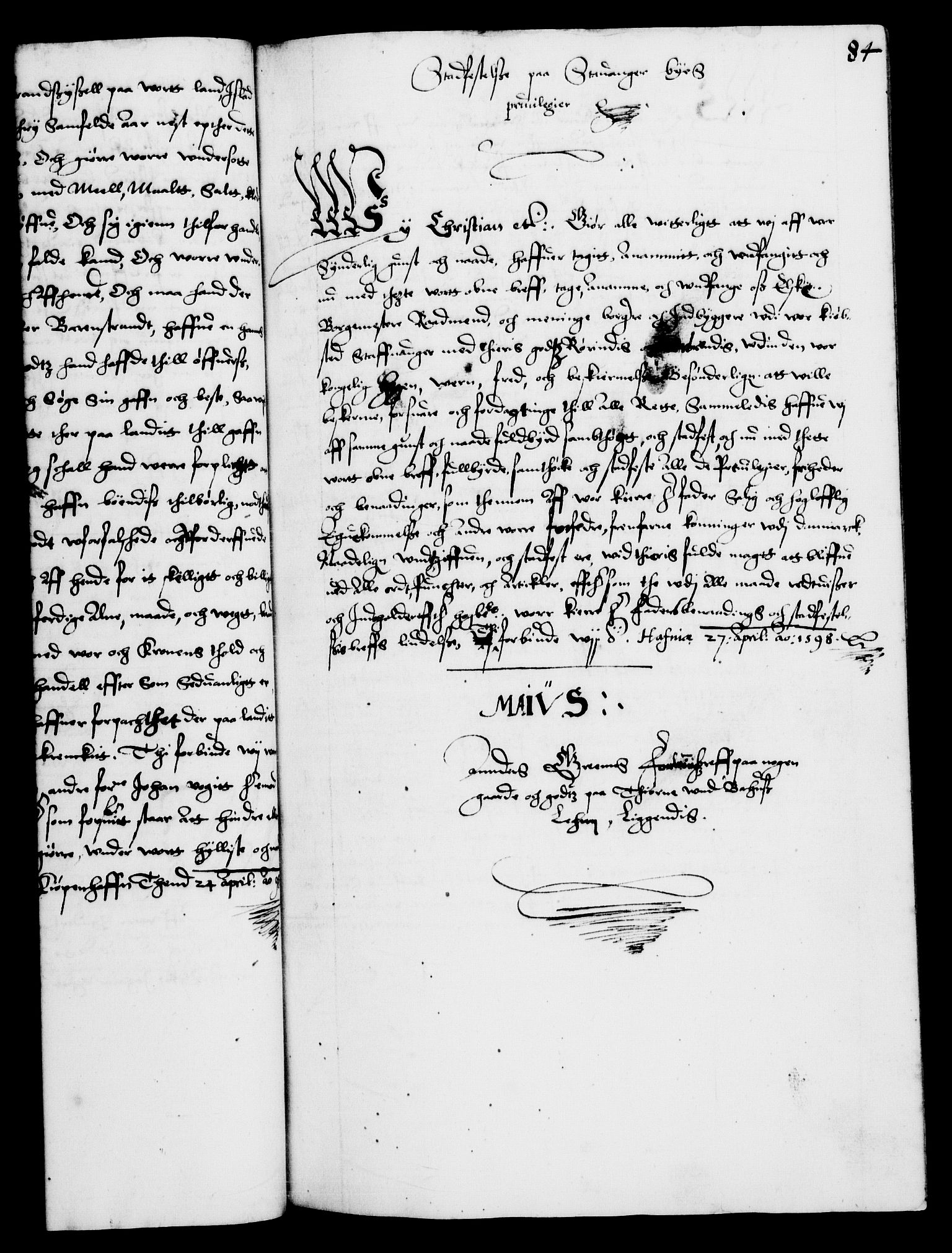 Danske Kanselli 1572-1799, RA/EA-3023/F/Fc/Fca/Fcaa/L0003: Norske registre (mikrofilm), 1596-1616, s. 84a