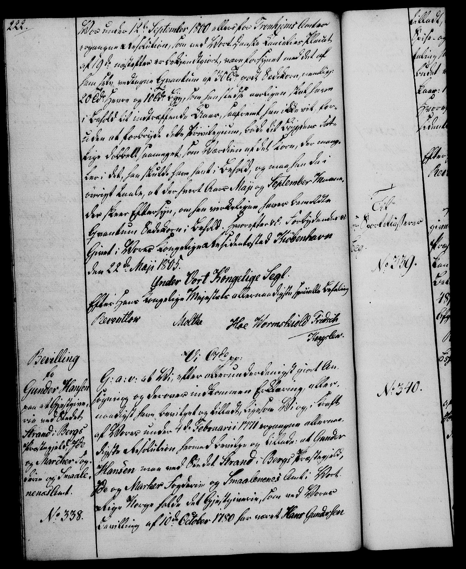 Rentekammeret, Kammerkanselliet, AV/RA-EA-3111/G/Gg/Gga/L0018: Norsk ekspedisjonsprotokoll med register (merket RK 53.18), 1804-1806, s. 222