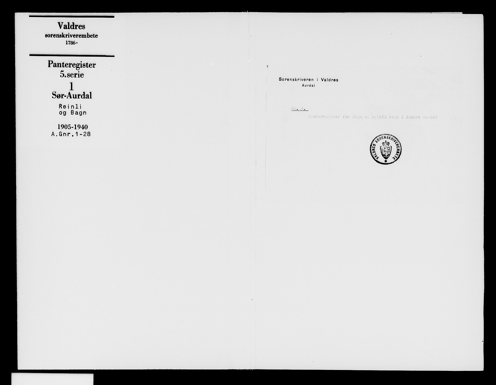 Valdres sorenskriveri, SAH/TING-016/H/Ha/Hae/L0001/0001: Panteregister nr. 5.1A, 1905-1940