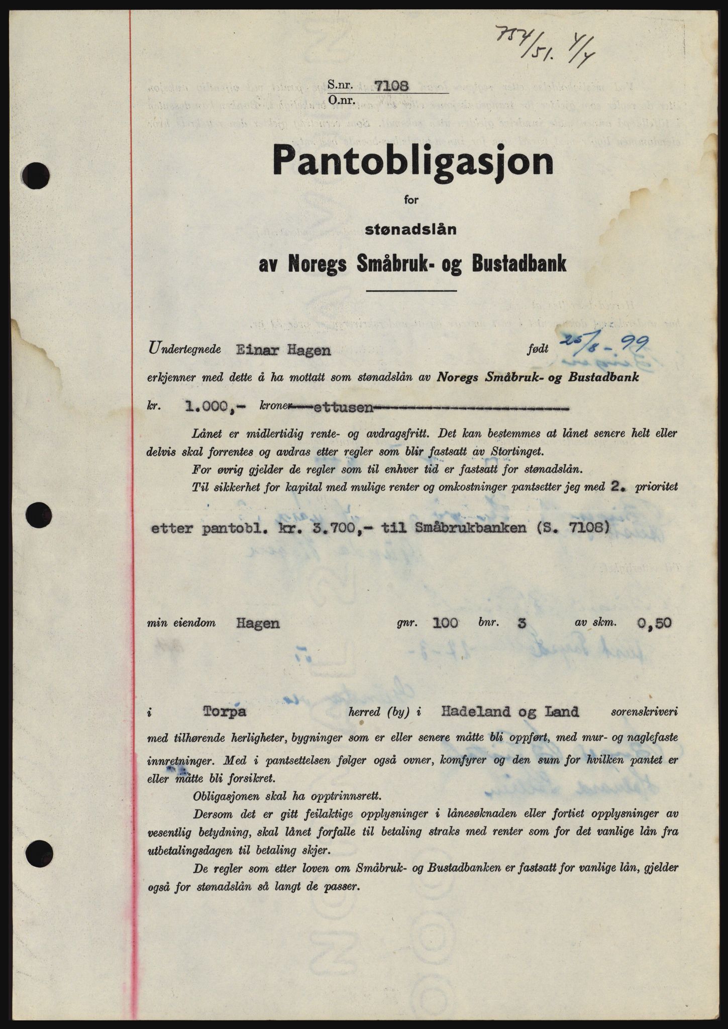 Hadeland og Land tingrett, SAH/TING-010/H/Hb/Hbc/L0021: Pantebok nr. B21, 1951-1951, Dagboknr: 754/1951