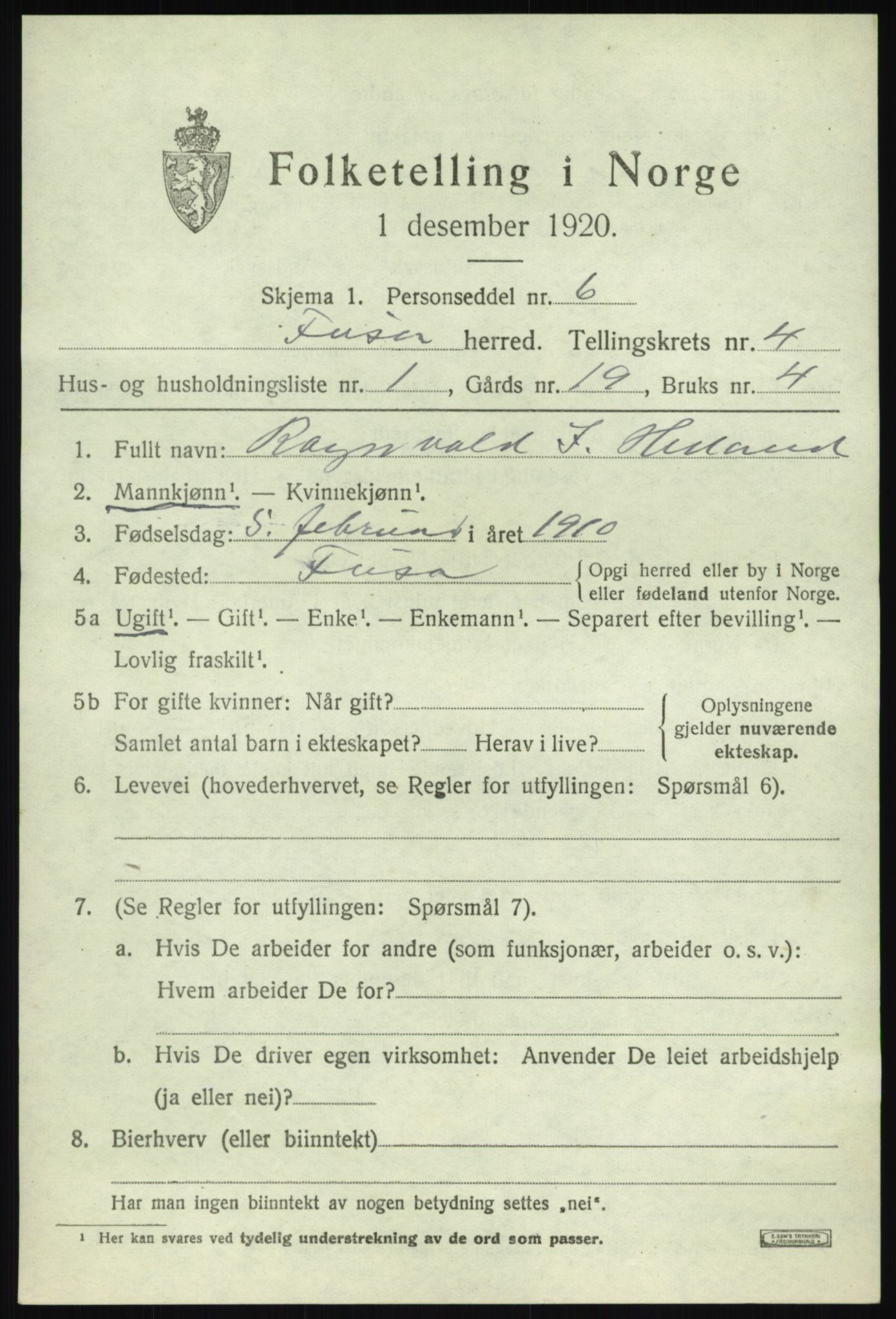 SAB, Folketelling 1920 for 1241 Fusa herred, 1920, s. 1559