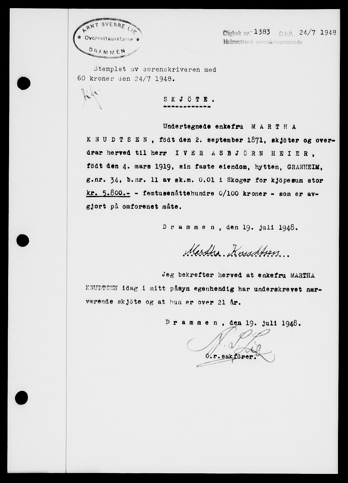 Holmestrand sorenskriveri, SAKO/A-67/G/Ga/Gaa/L0064: Pantebok nr. A-64, 1948-1948, Dagboknr: 1383/1948