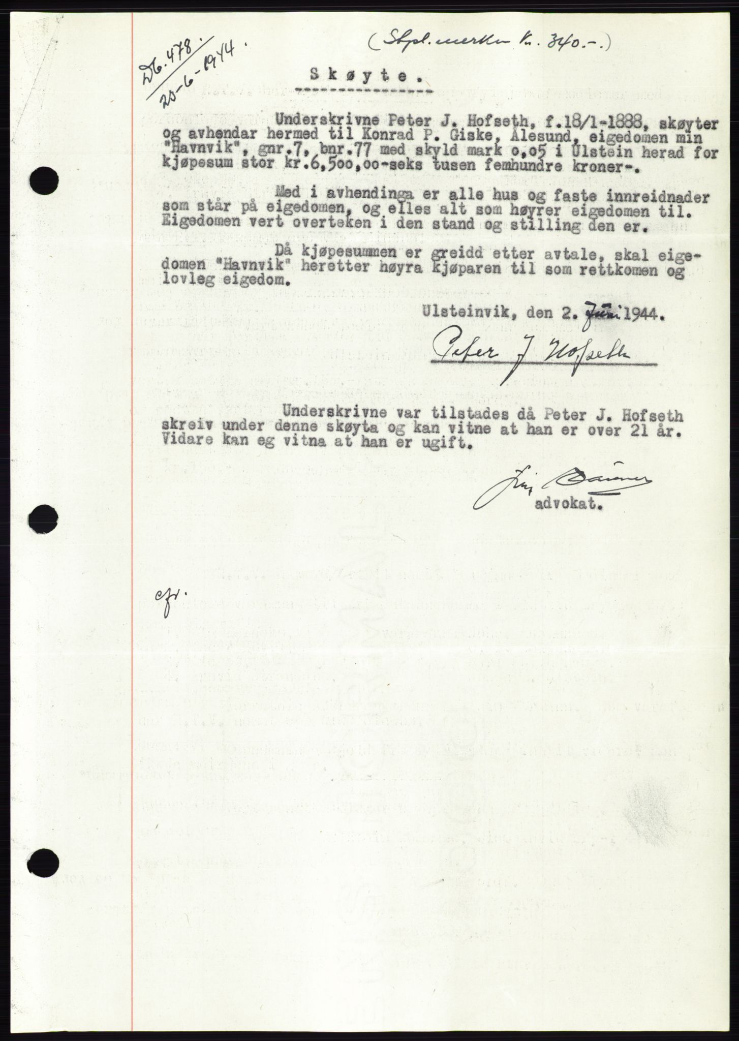 Søre Sunnmøre sorenskriveri, SAT/A-4122/1/2/2C/L0076: Pantebok nr. 2A, 1943-1944, Dagboknr: 478/1944