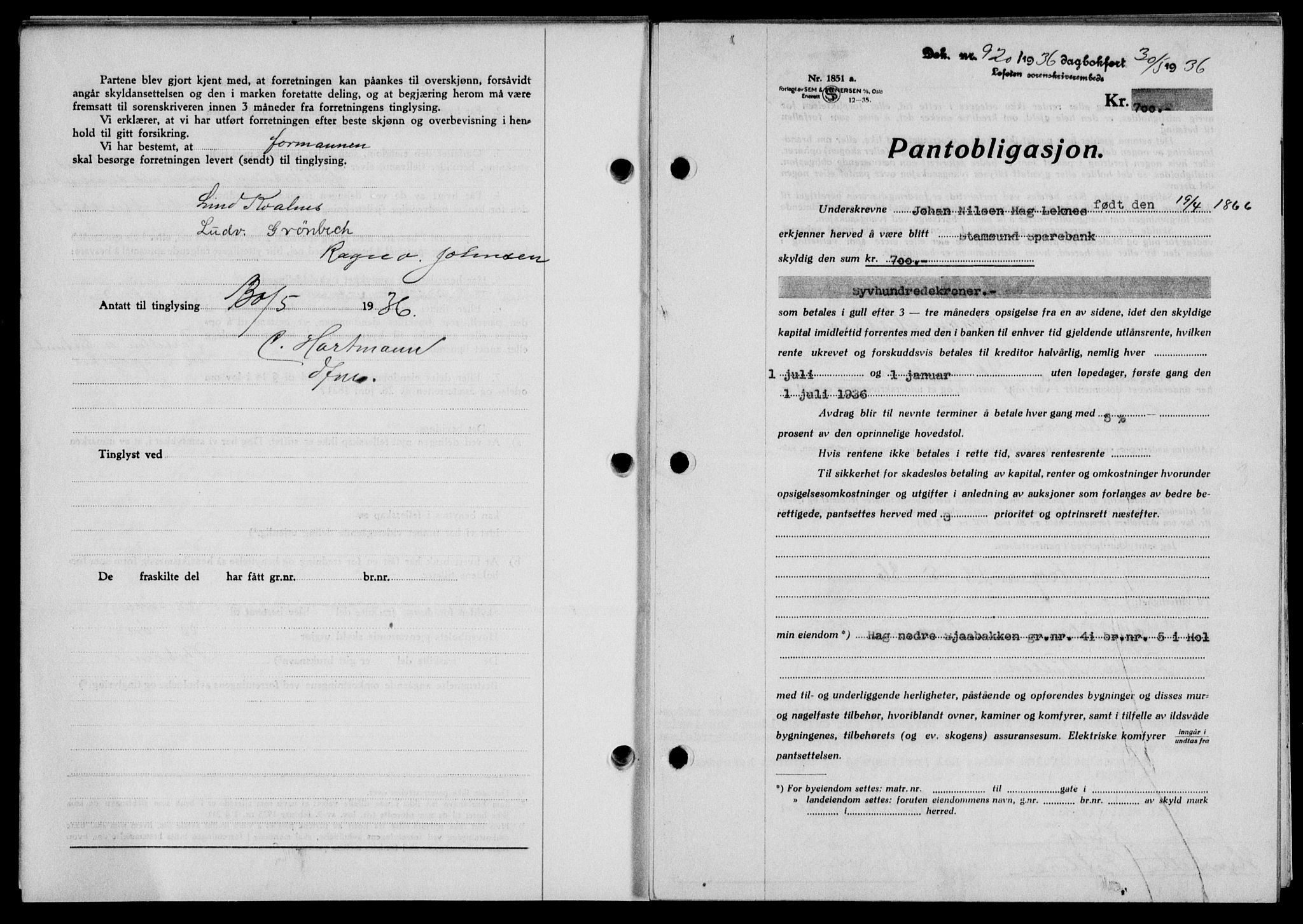 Lofoten sorenskriveri, SAT/A-0017/1/2/2C/L0033b: Pantebok nr. 33b, 1936-1936, Dagboknr: 920/1936