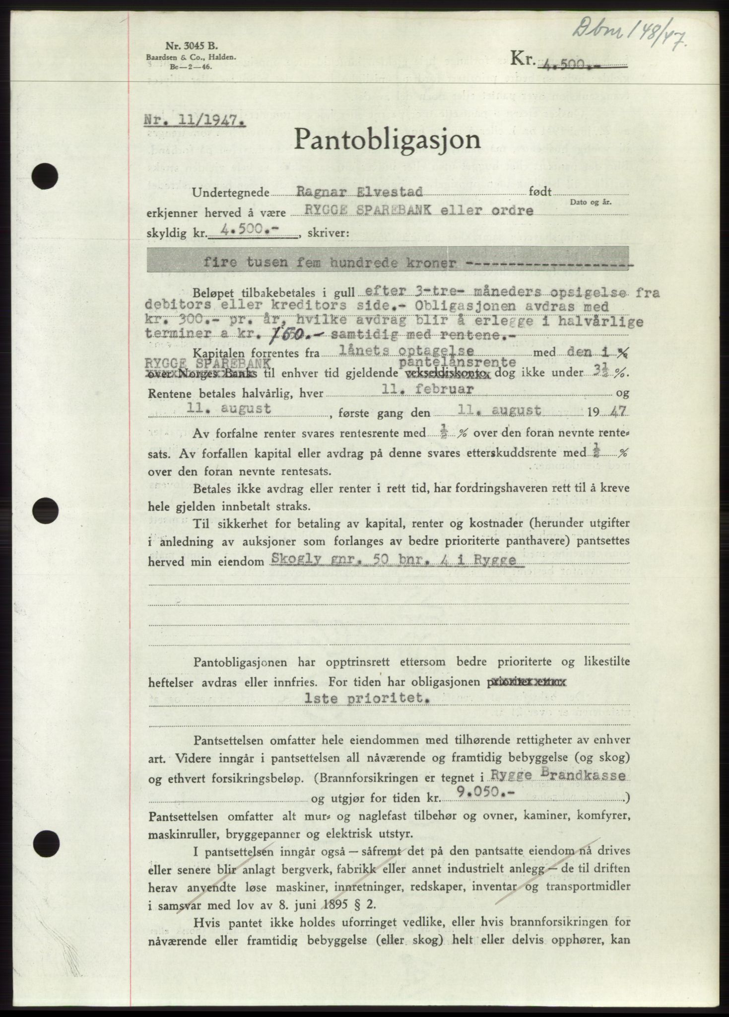 Moss sorenskriveri, SAO/A-10168: Pantebok nr. B16, 1946-1947, Dagboknr: 148/1947