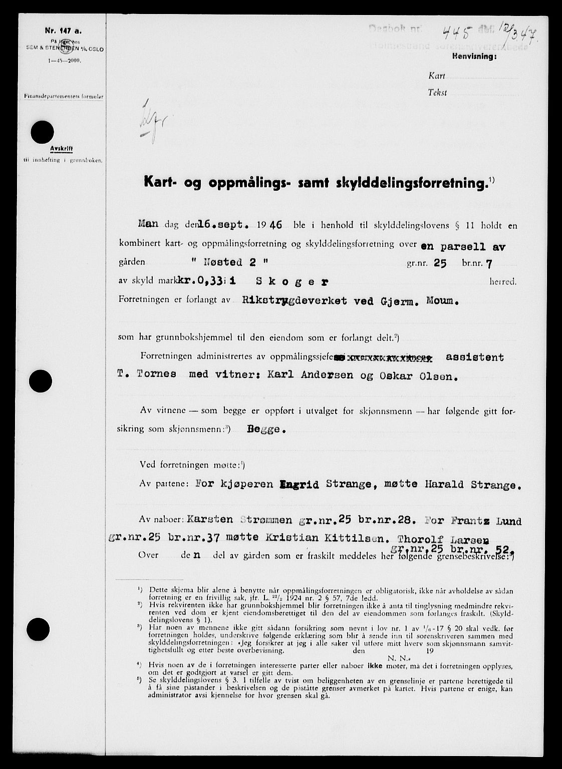 Holmestrand sorenskriveri, SAKO/A-67/G/Ga/Gaa/L0061: Pantebok nr. A-61, 1946-1947, Dagboknr: 445/1947
