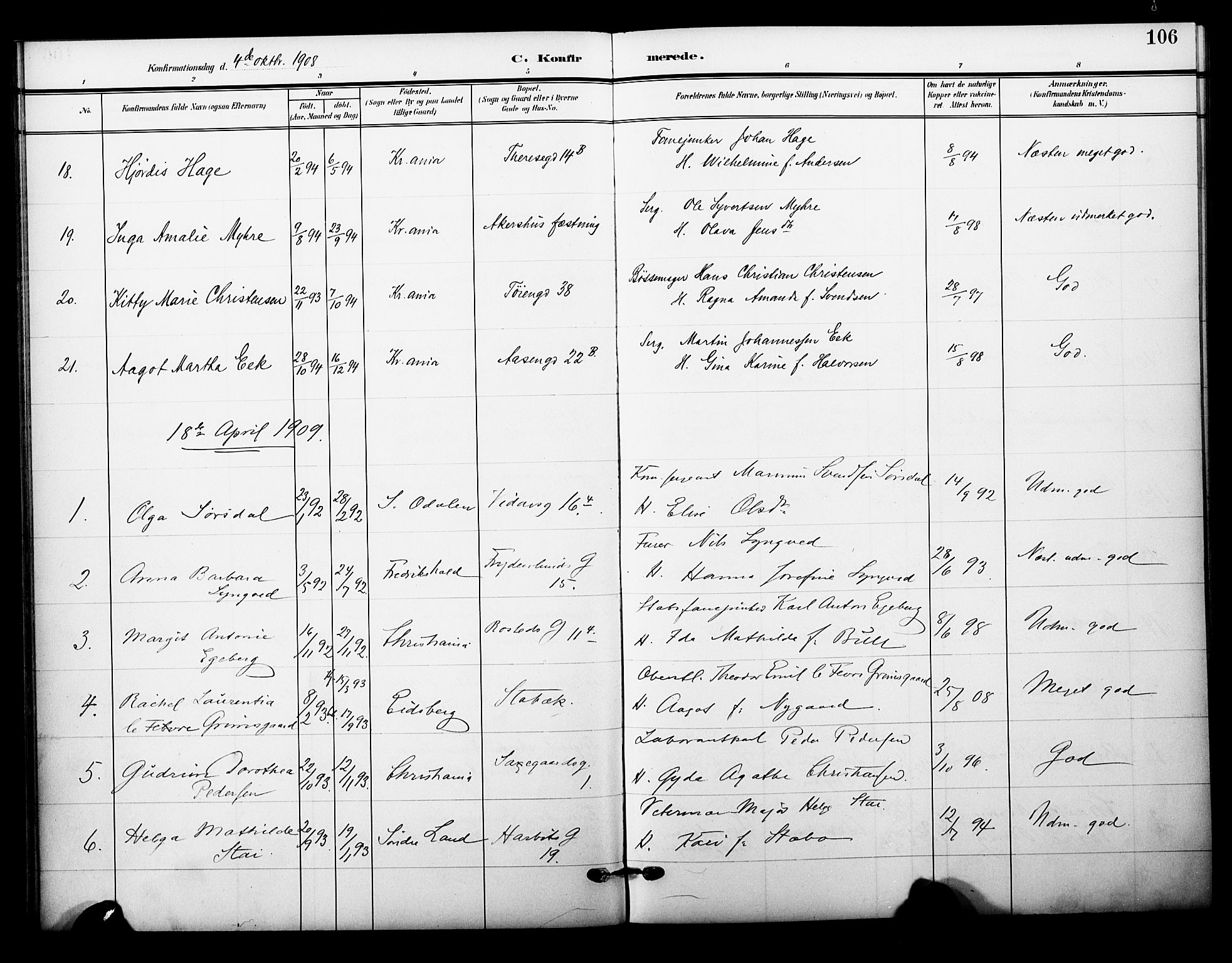 Garnisonsmenigheten Kirkebøker, AV/SAO-A-10846/F/Fa/L0014: Ministerialbok nr. 14, 1905-1914, s. 106