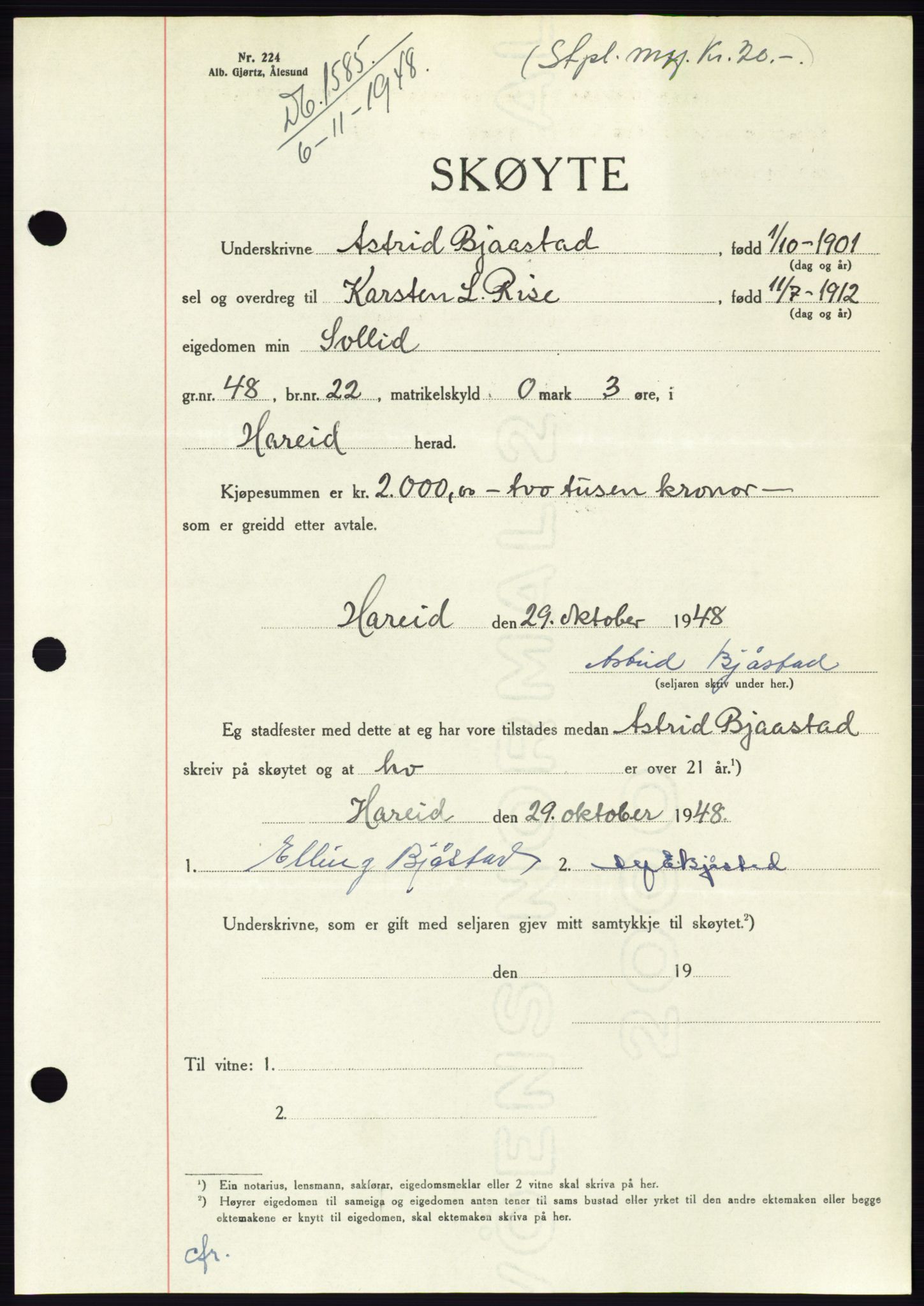 Søre Sunnmøre sorenskriveri, AV/SAT-A-4122/1/2/2C/L0083: Pantebok nr. 9A, 1948-1949, Dagboknr: 1585/1948