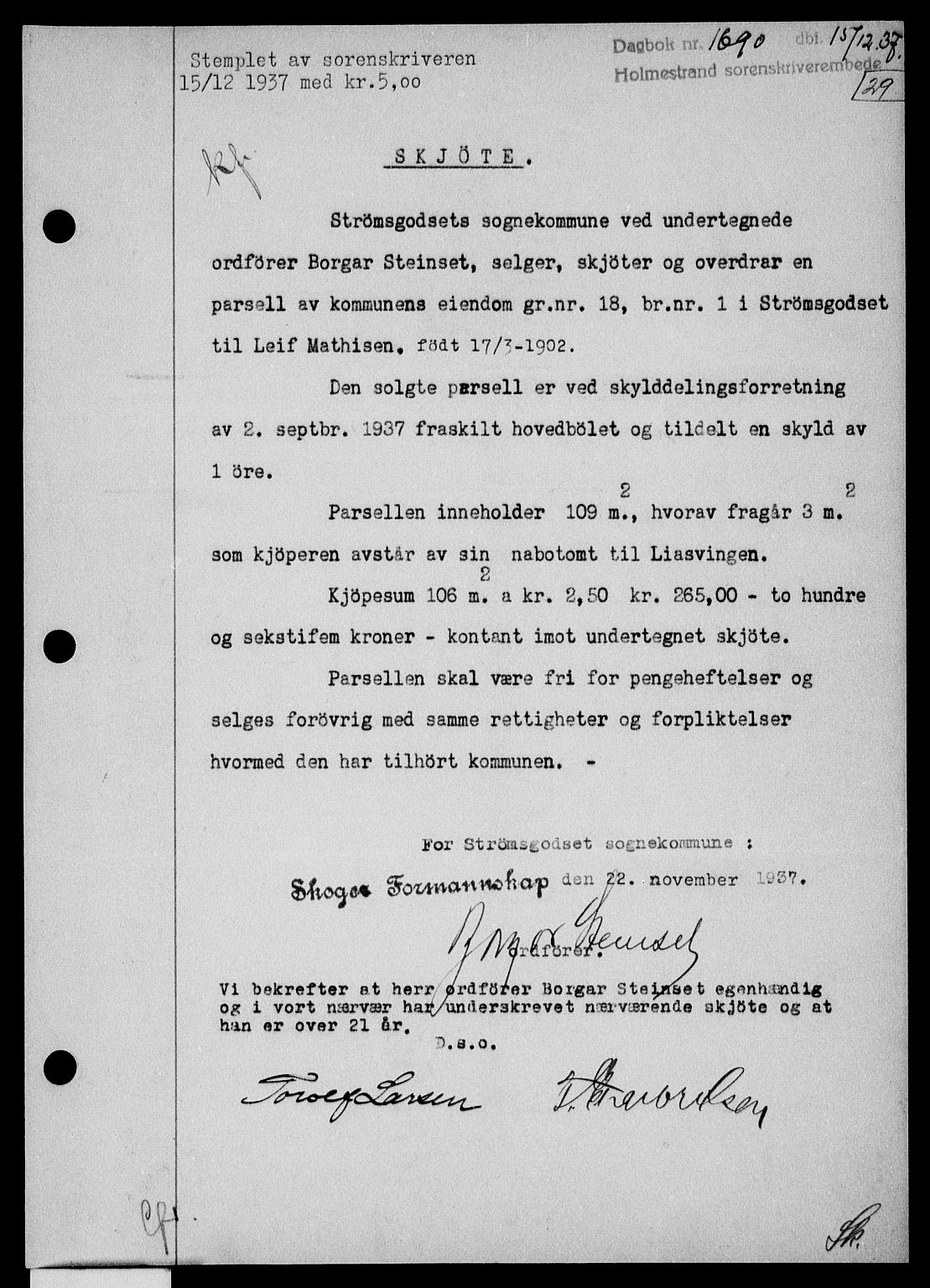 Holmestrand sorenskriveri, SAKO/A-67/G/Ga/Gaa/L0049: Pantebok nr. A-49, 1937-1938, Dagboknr: 1690/1937