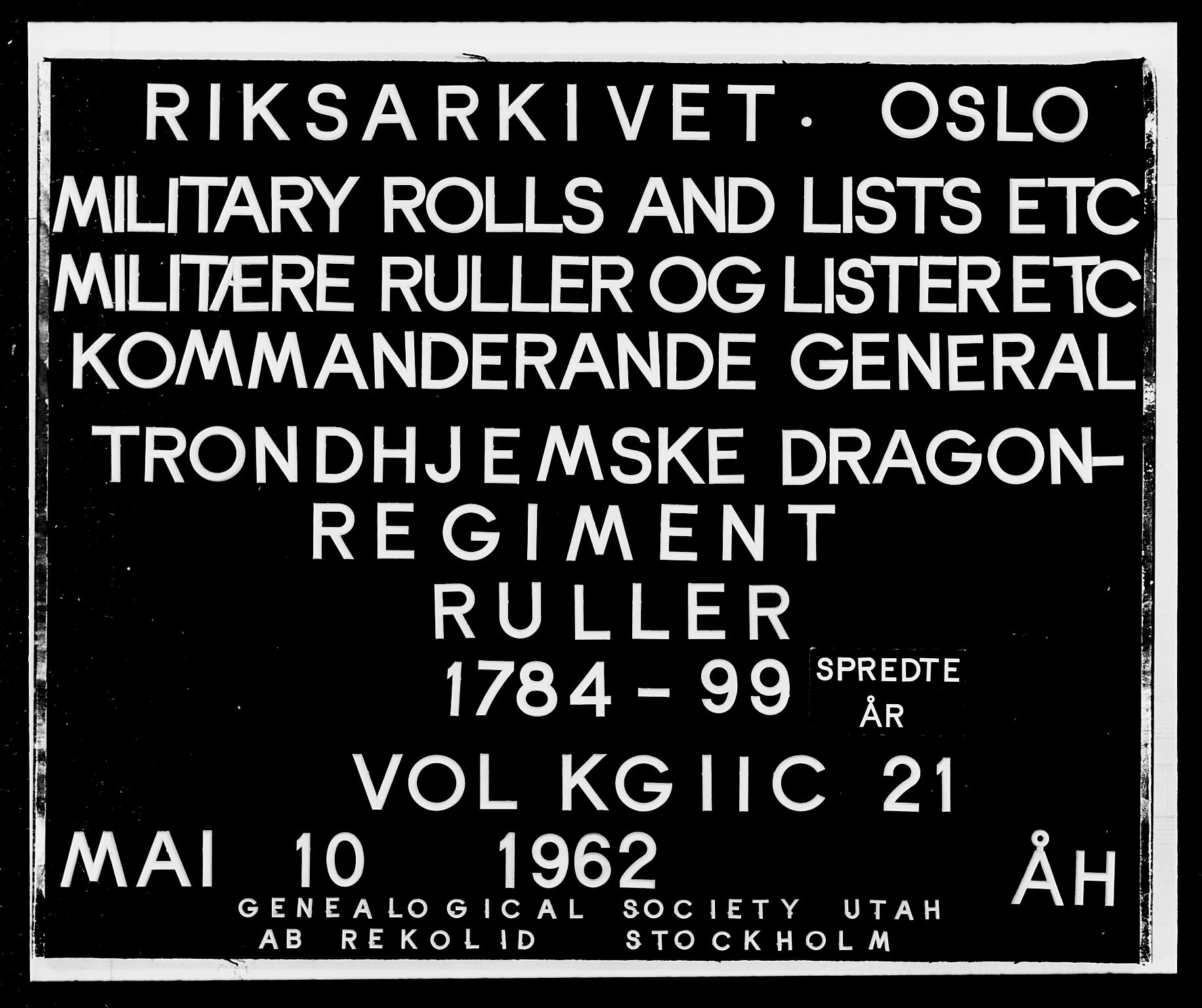 Generalitets- og kommissariatskollegiet, Det kongelige norske kommissariatskollegium, AV/RA-EA-5420/E/Eh/L0021: Trondheimske dragonregiment, 1784-1799, s. 1