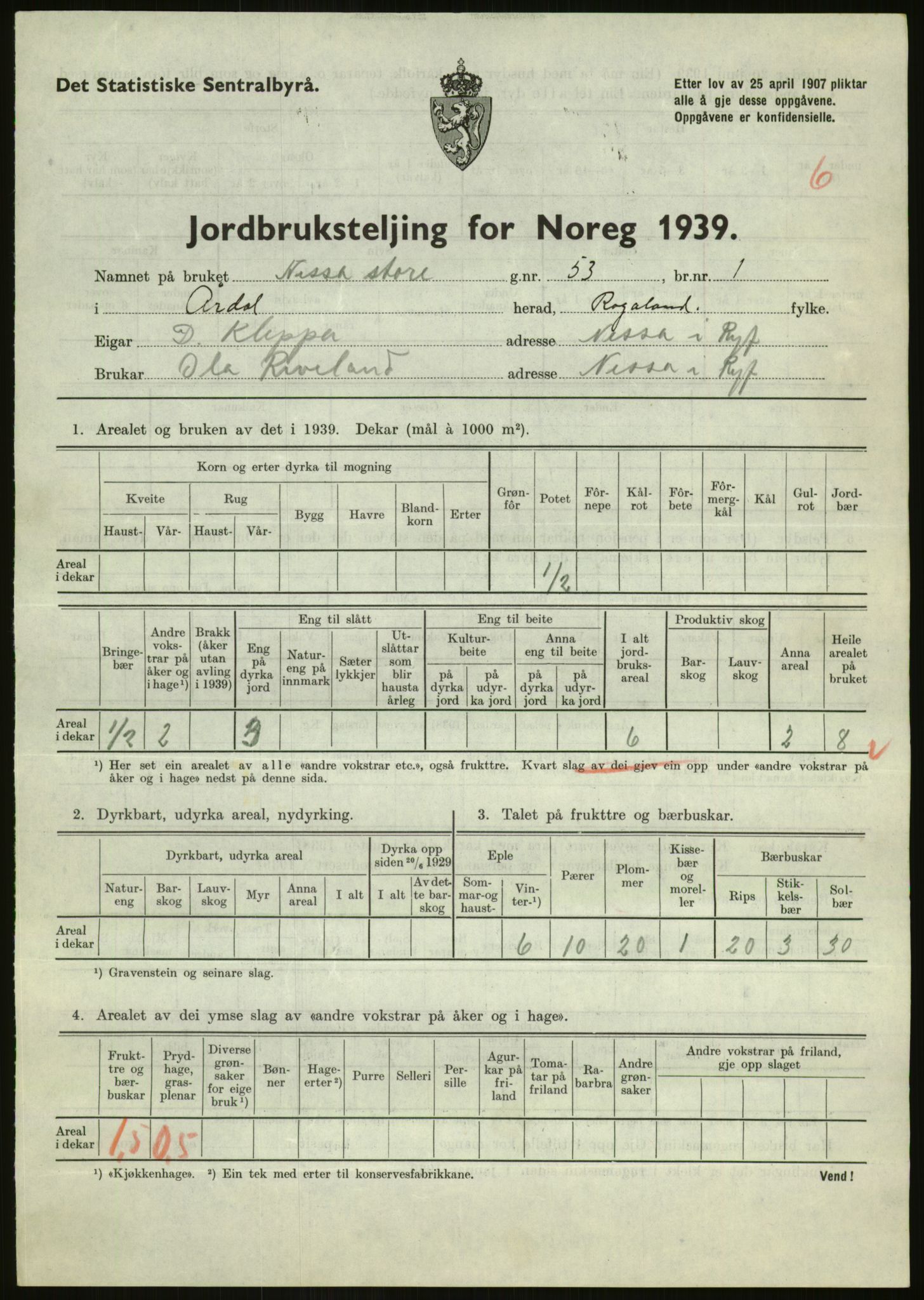 Statistisk sentralbyrå, Næringsøkonomiske emner, Jordbruk, skogbruk, jakt, fiske og fangst, AV/RA-S-2234/G/Gb/L0184: Rogaland: Årdal, Fister og Hjelmeland, 1939, s. 475