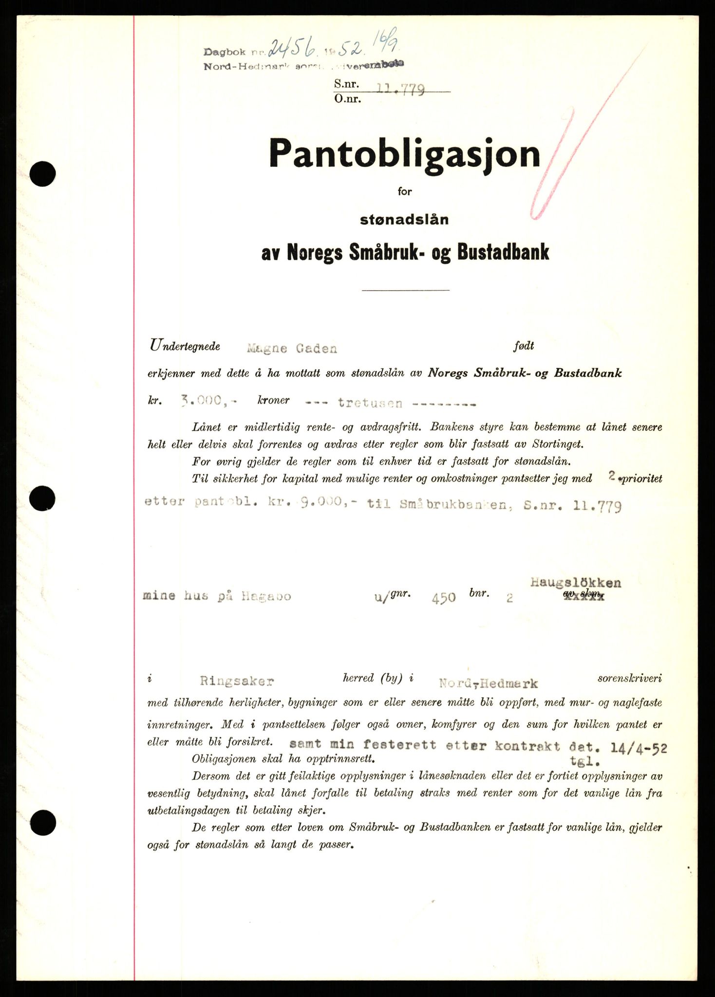 Nord-Hedmark sorenskriveri, SAH/TING-012/H/Hb/Hbf/L0025: Pantebok nr. B25, 1952-1952, Dagboknr: 2456/1952