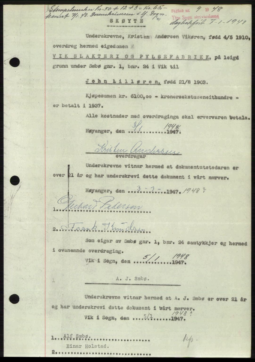 Ytre Sogn tingrett, SAB/A-2601/1/G/Gbb/L0005: Pantebok nr. A3 - A4 (B2), 1947-1948, Dagboknr: 9/1948