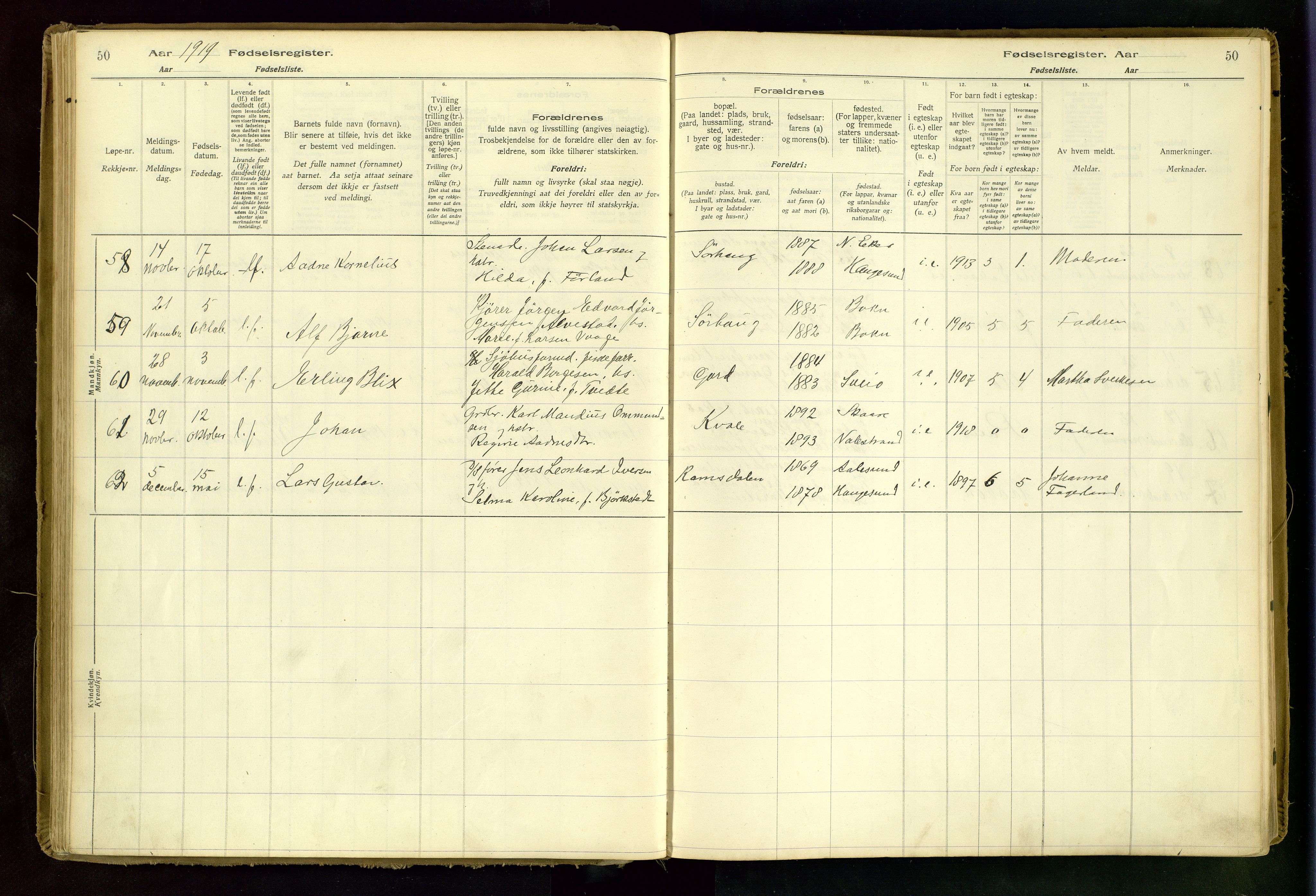 Haugesund sokneprestkontor, AV/SAST-A -101863/I/Id/L0001: Fødselsregister nr. 1, 1916-1935, s. 50