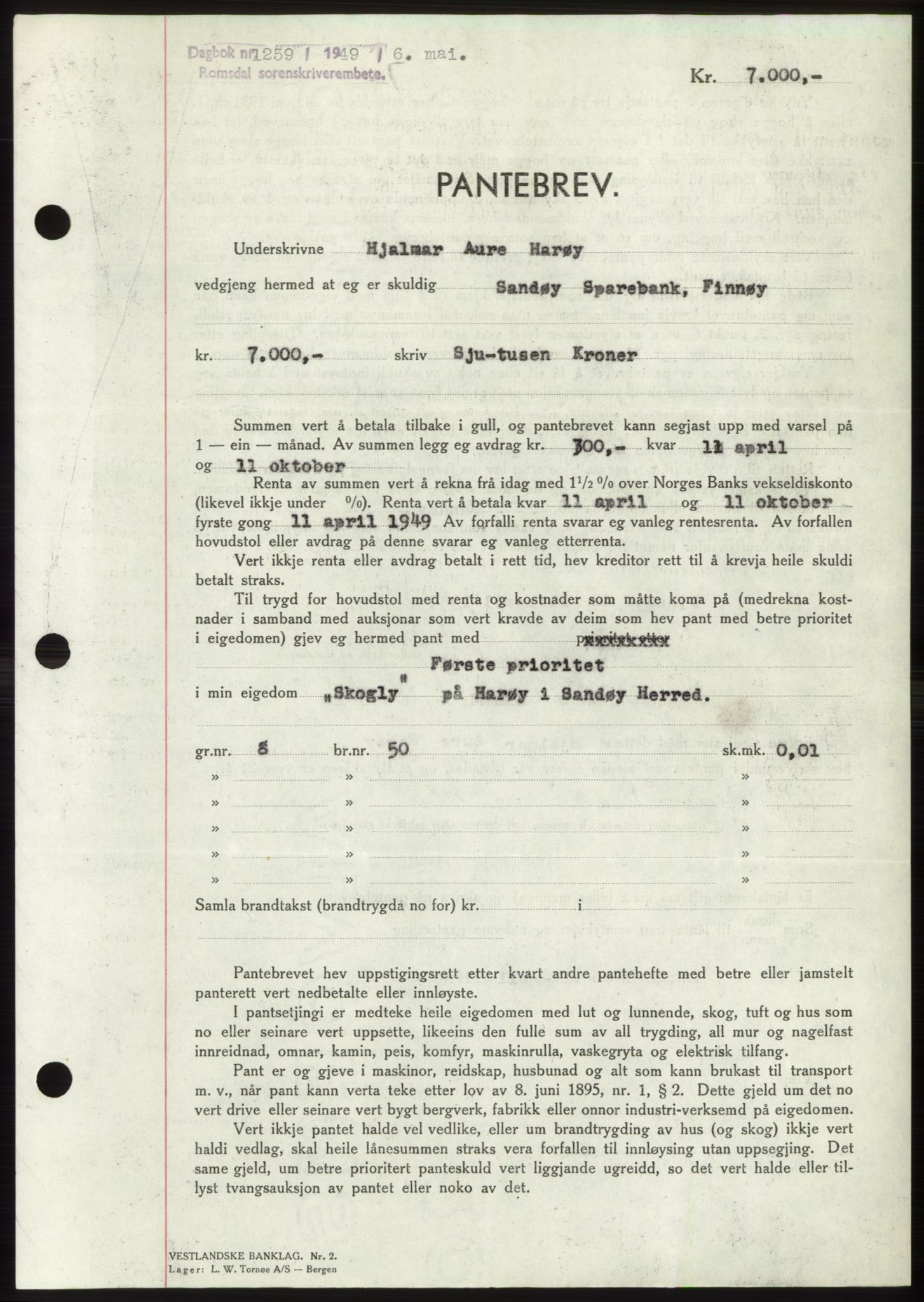 Romsdal sorenskriveri, AV/SAT-A-4149/1/2/2C: Pantebok nr. B4, 1948-1949, Dagboknr: 1259/1949