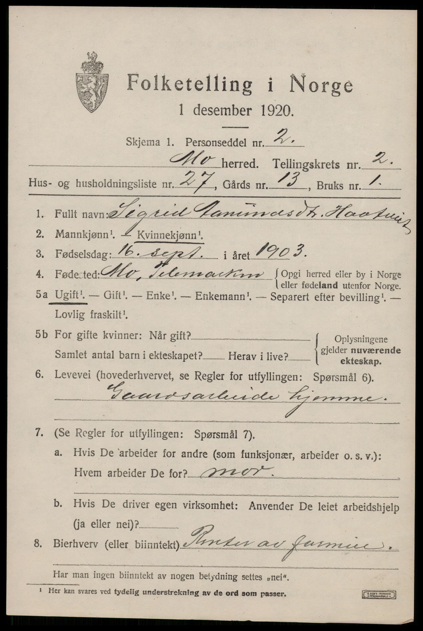 SAKO, Folketelling 1920 for 0832 Mo herred, 1920, s. 1374