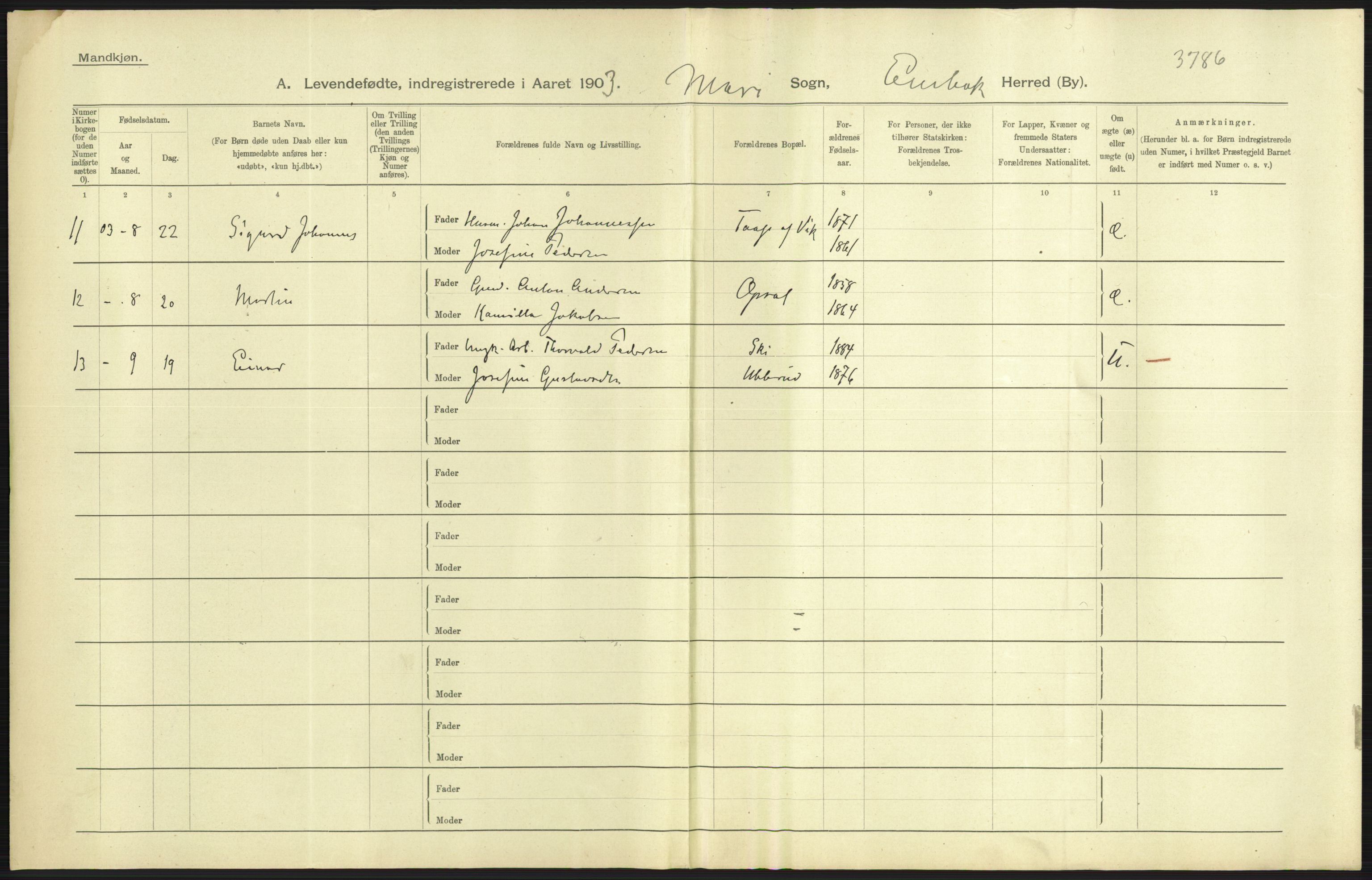 Statistisk sentralbyrå, Sosiodemografiske emner, Befolkning, AV/RA-S-2228/D/Df/Dfa/Dfaa/L0002: Akershus amt: Fødte, gifte, døde, 1903, s. 73