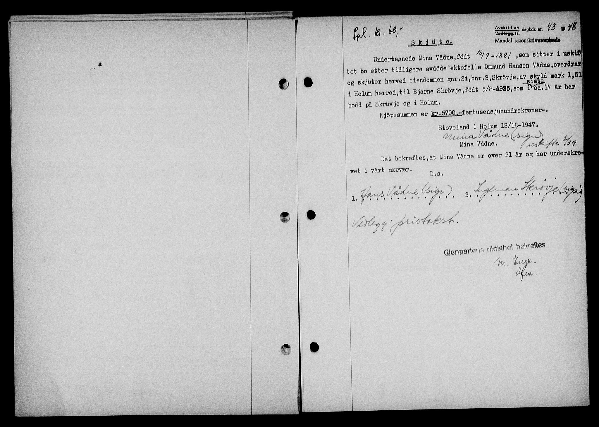 Mandal sorenskriveri, SAK/1221-0005/001/G/Gb/Gba/L0079: Pantebok nr. A-16, 1947-1948, Dagboknr: 43/1948