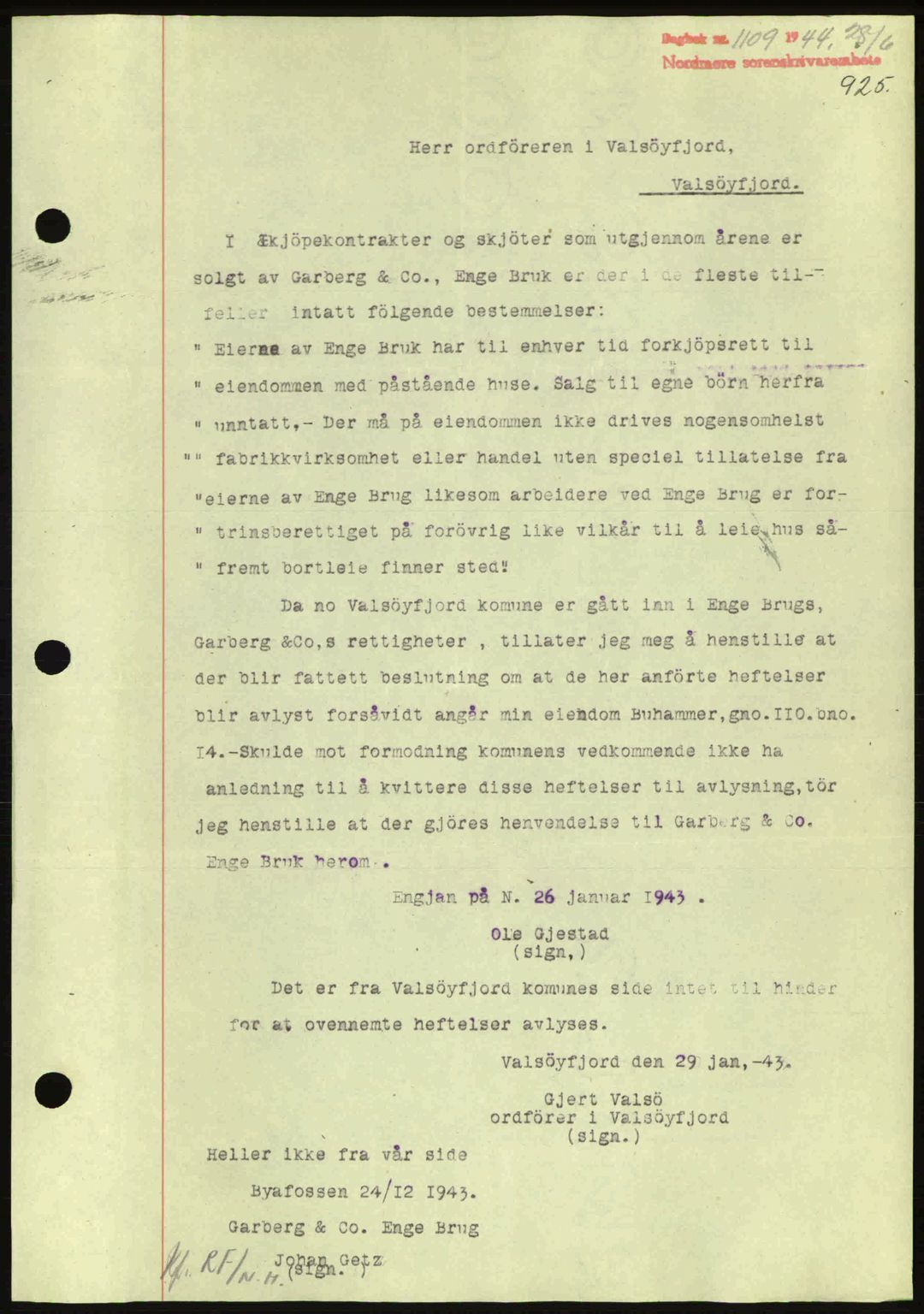 Nordmøre sorenskriveri, AV/SAT-A-4132/1/2/2Ca: Pantebok nr. B91, 1943-1944, Dagboknr: 1109/1944