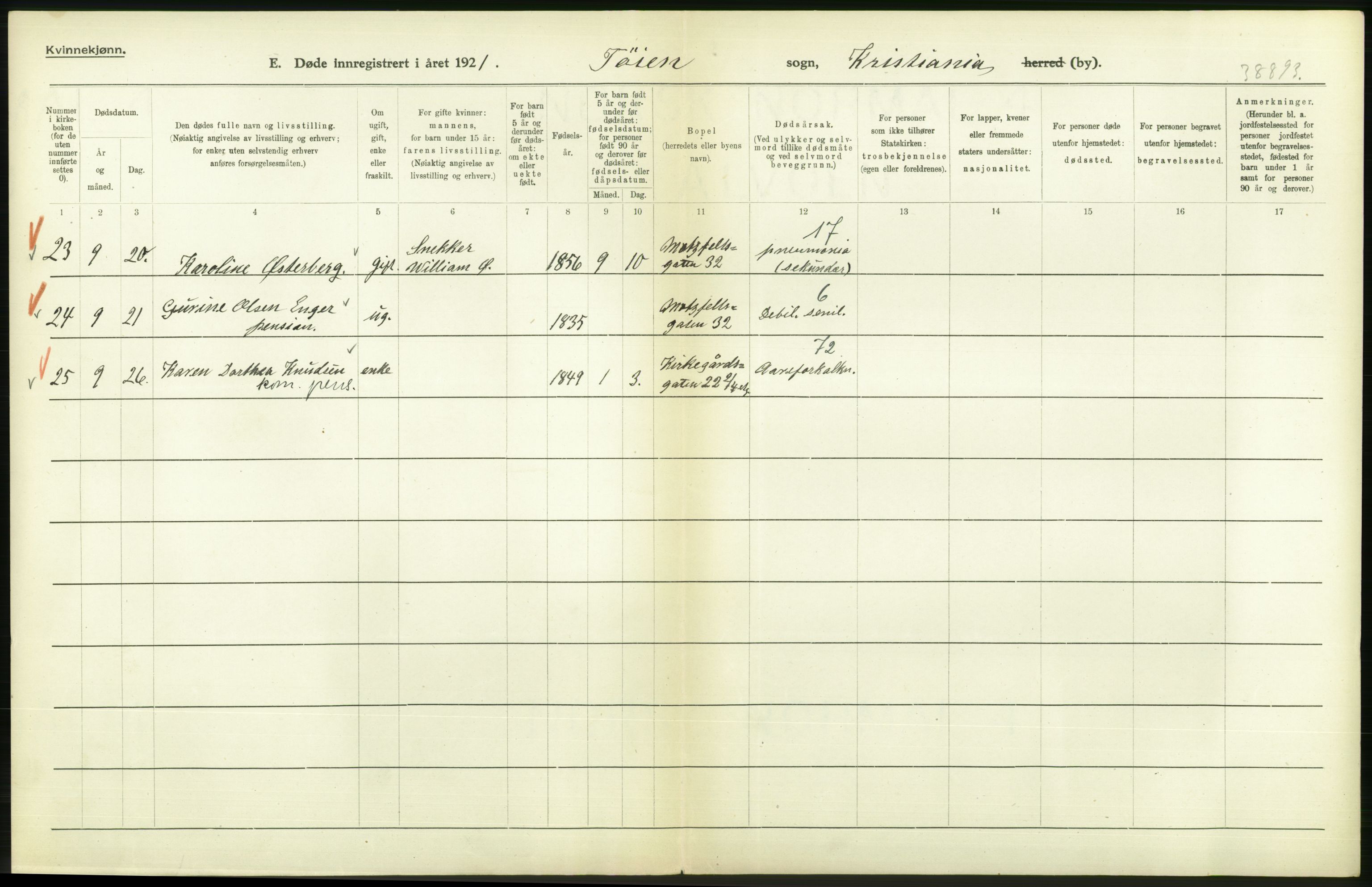 Statistisk sentralbyrå, Sosiodemografiske emner, Befolkning, AV/RA-S-2228/D/Df/Dfc/Dfca/L0013: Kristiania: Døde, dødfødte, 1921, s. 130