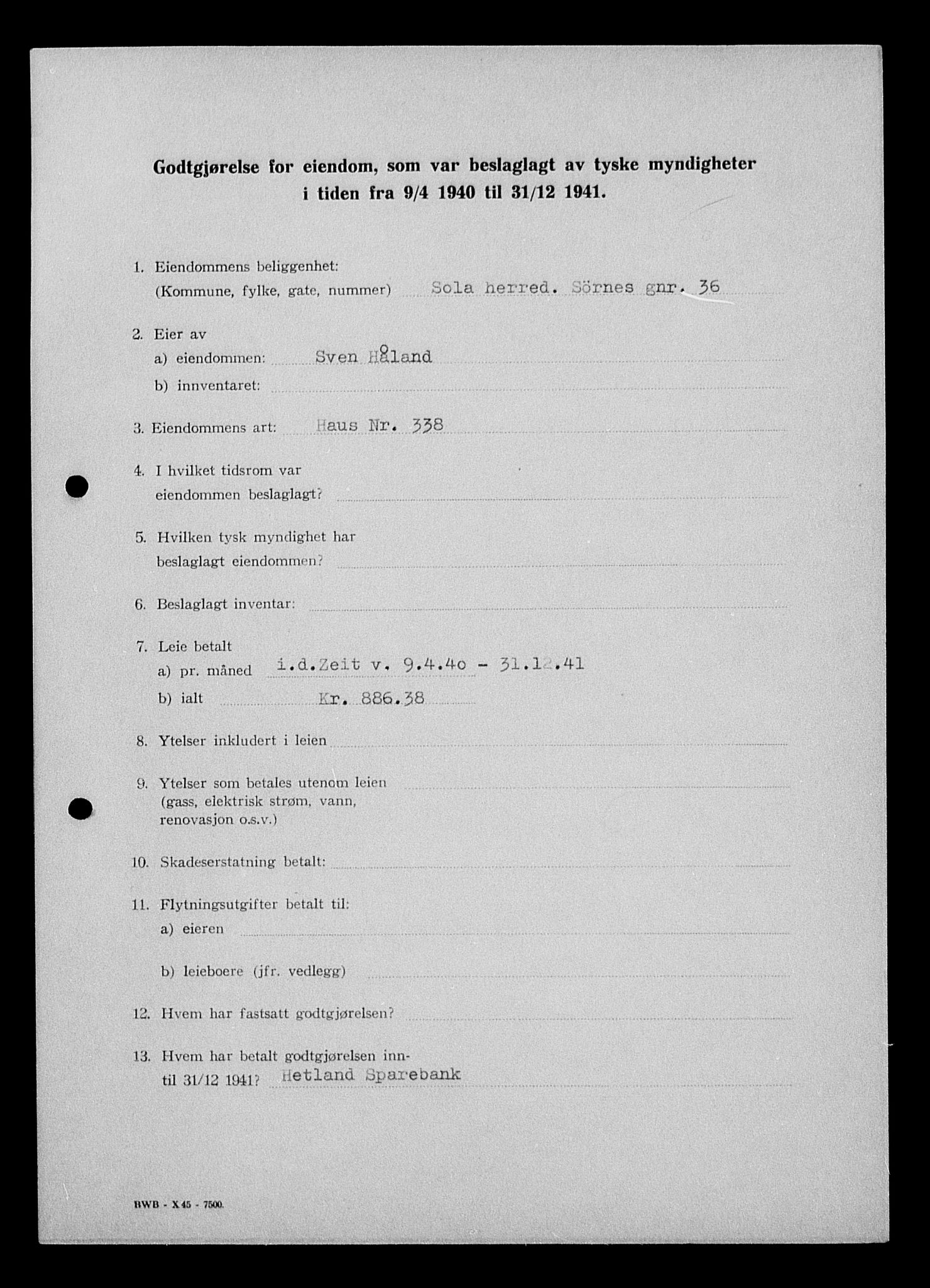 Justisdepartementet, Tilbakeføringskontoret for inndratte formuer, AV/RA-S-1564/I/L1014: Godtgjørelse for beslaglagt eiendom, 1940-1941, s. 359