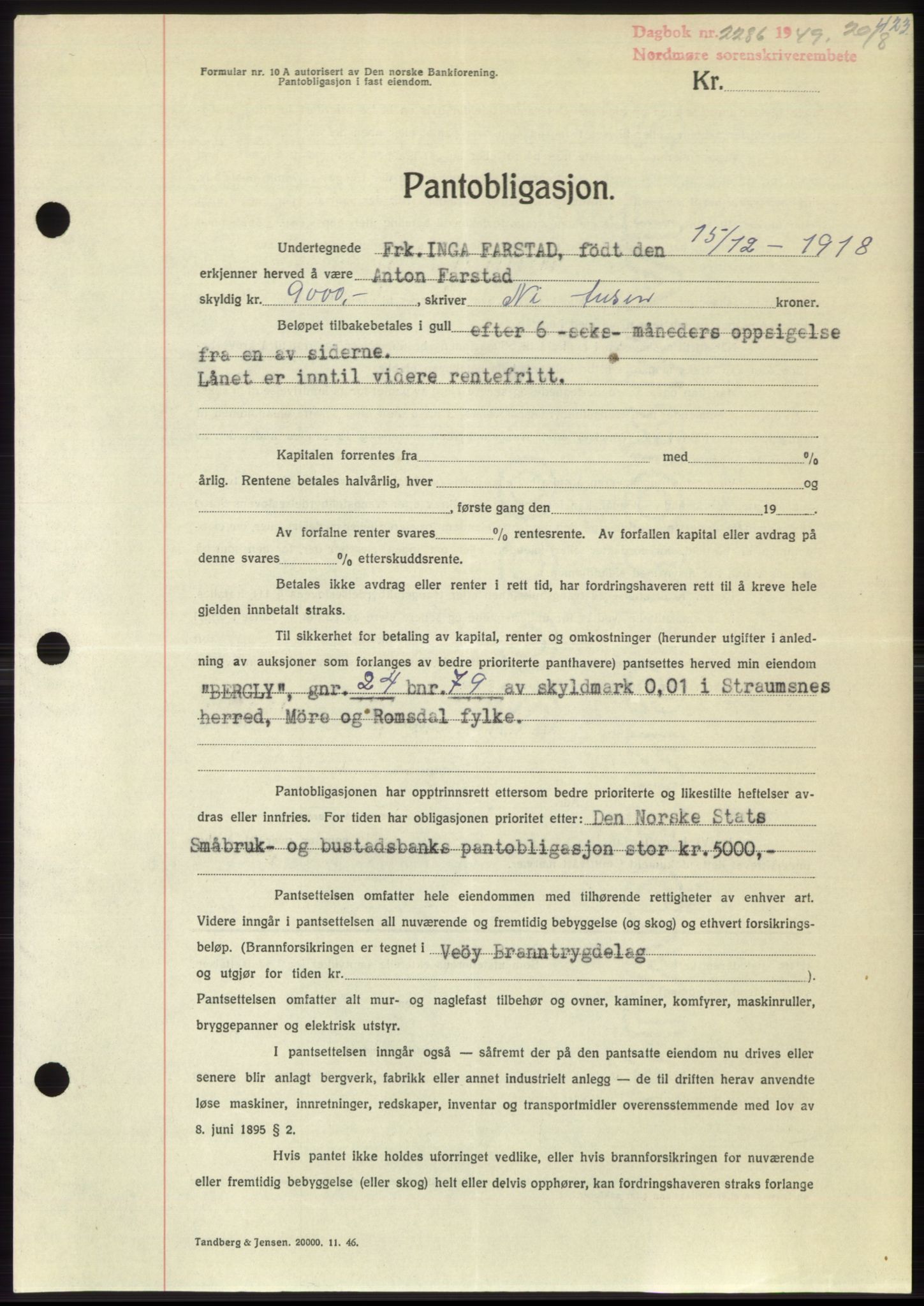 Nordmøre sorenskriveri, SAT/A-4132/1/2/2Ca: Pantebok nr. B102, 1949-1949, Dagboknr: 2286/1949