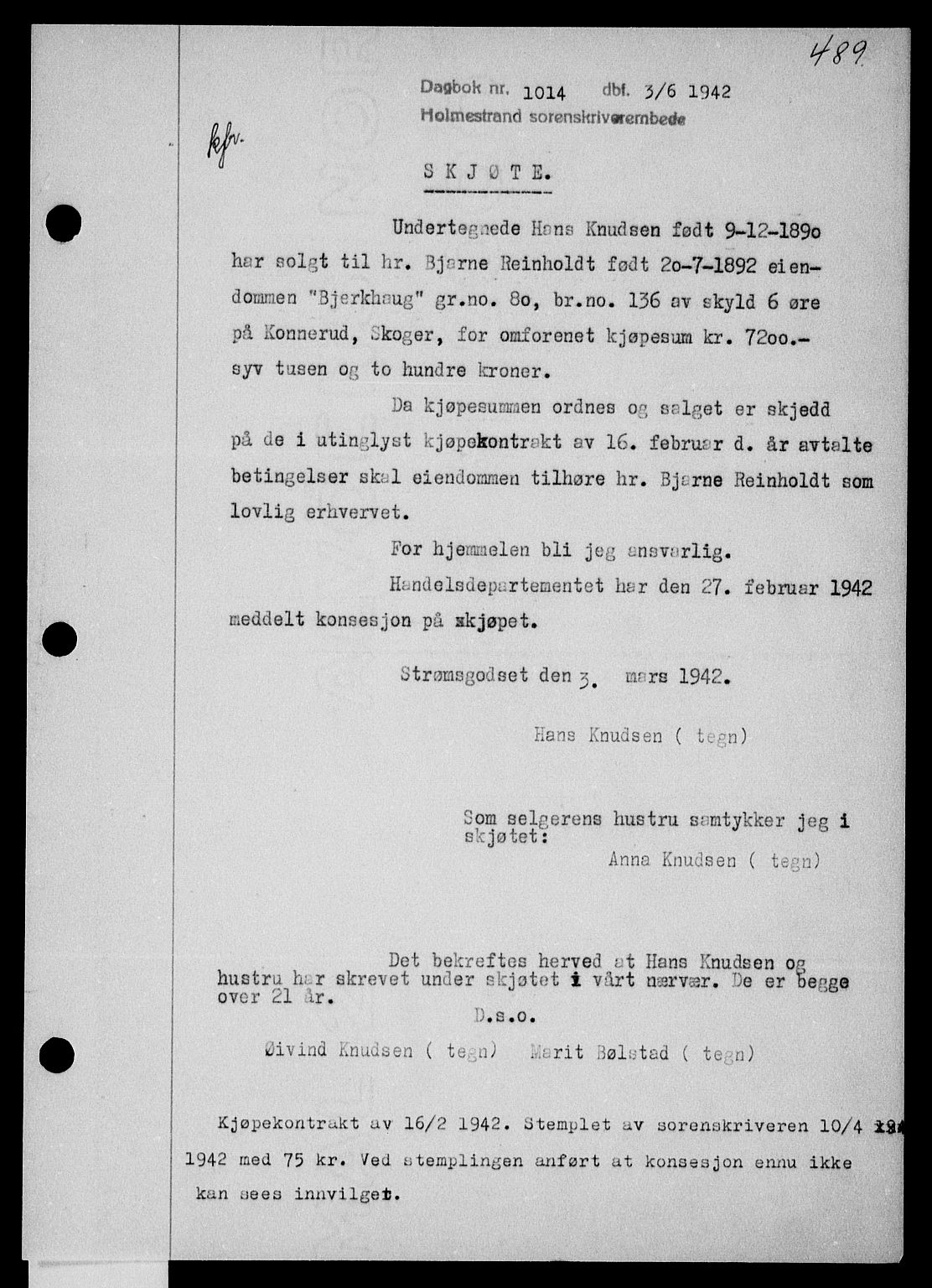 Holmestrand sorenskriveri, SAKO/A-67/G/Ga/Gaa/L0055: Pantebok nr. A-55, 1942-1942, Dagboknr: 1014/1942