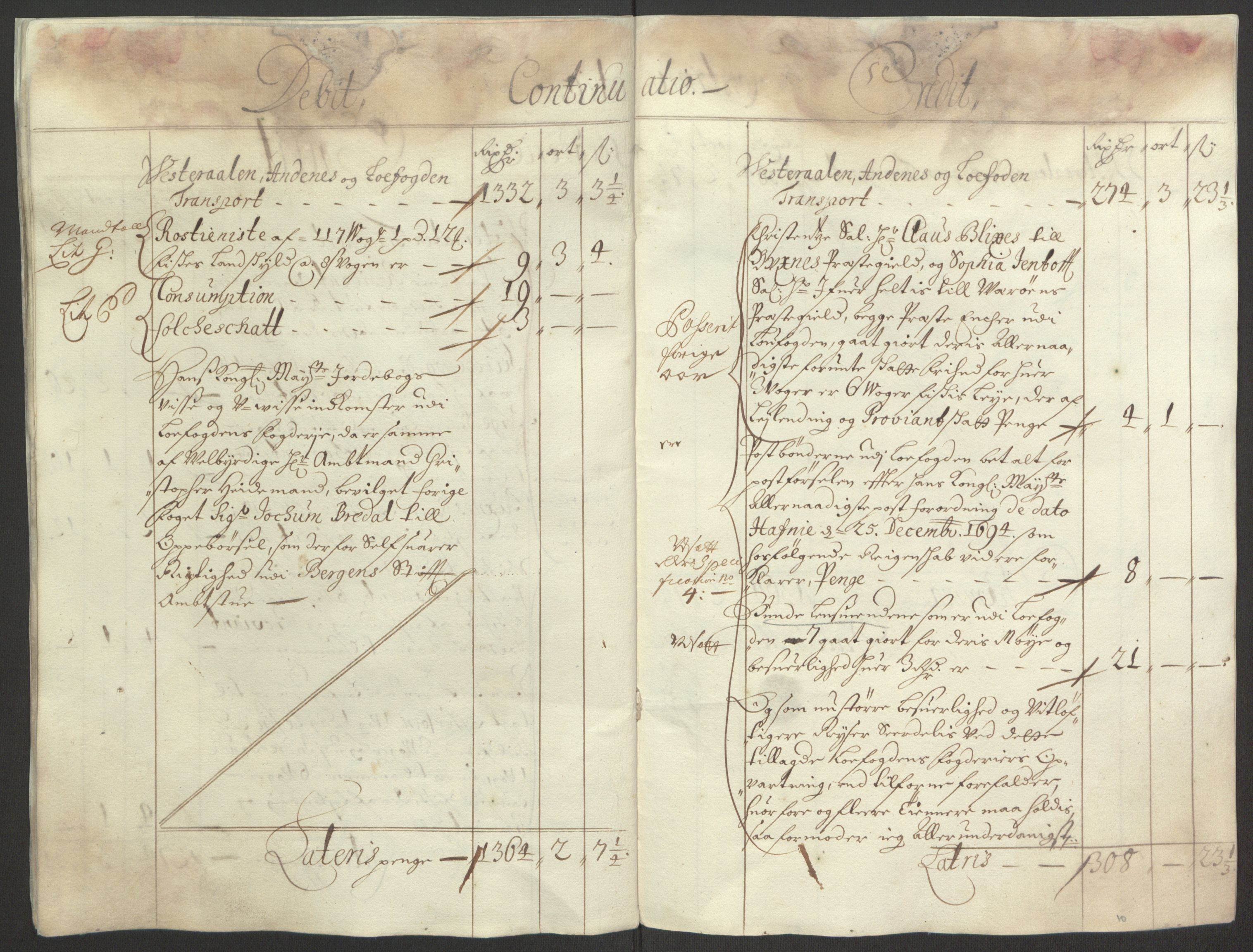 Rentekammeret inntil 1814, Reviderte regnskaper, Fogderegnskap, AV/RA-EA-4092/R67/L4677: Fogderegnskap Vesterålen, Andenes og Lofoten, 1694-1695, s. 178