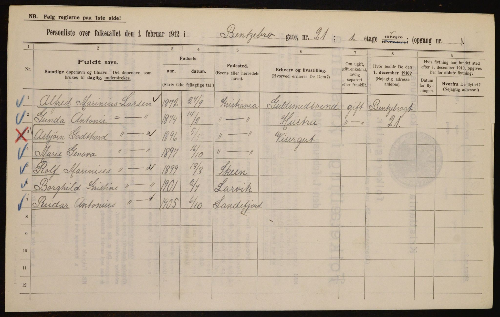 OBA, Kommunal folketelling 1.2.1912 for Kristiania, 1912, s. 3484