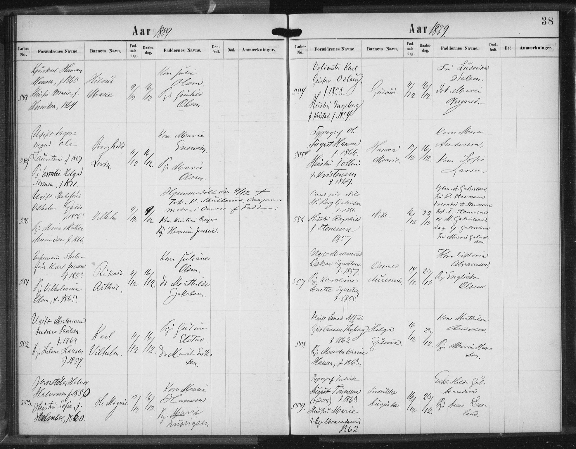 Rikshospitalet prestekontor Kirkebøker, AV/SAO-A-10309b/K/L0003/0003: Dåpsbok nr. 3.3, 1889-1892, s. 38