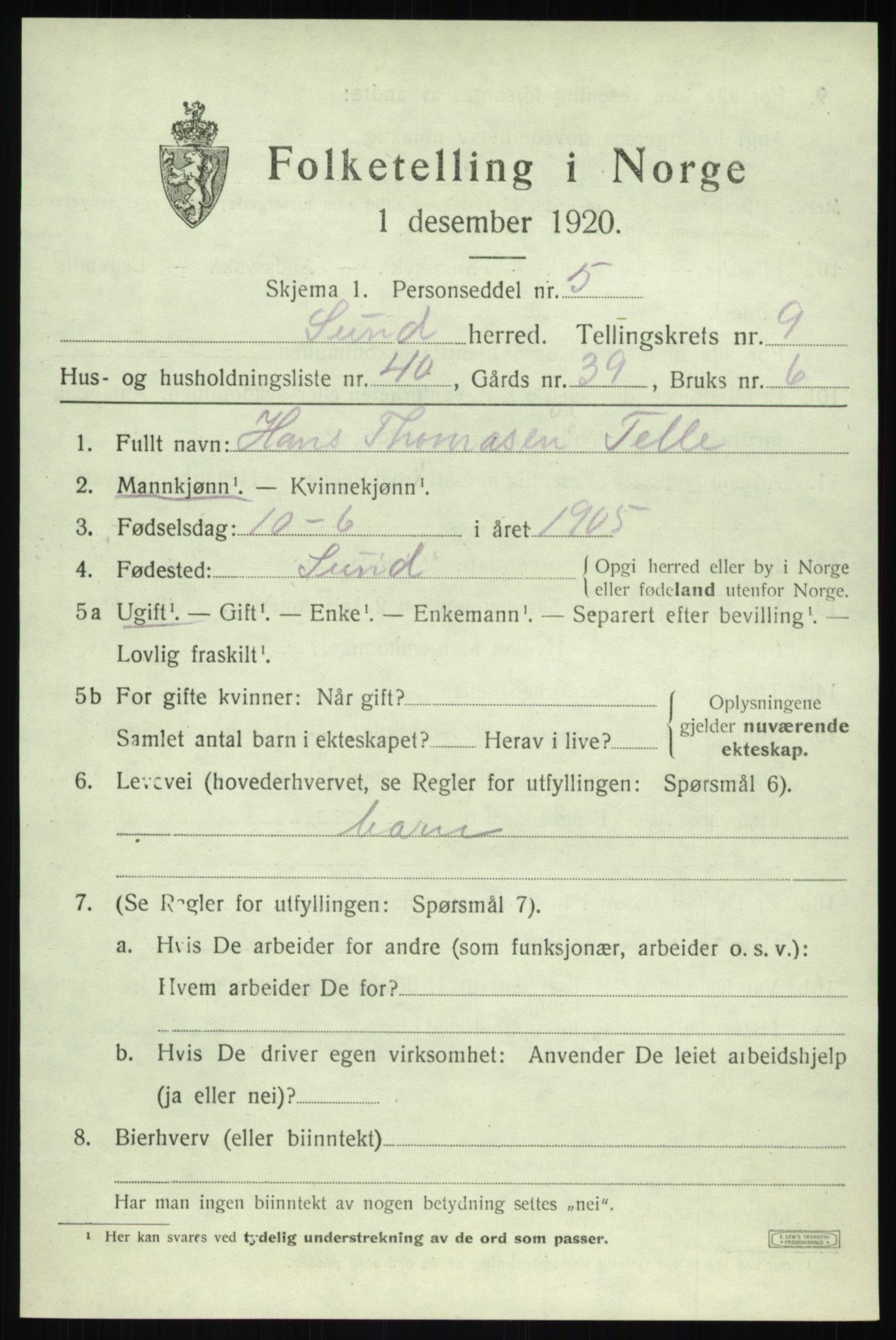 SAB, Folketelling 1920 for 1245 Sund herred, 1920, s. 5803