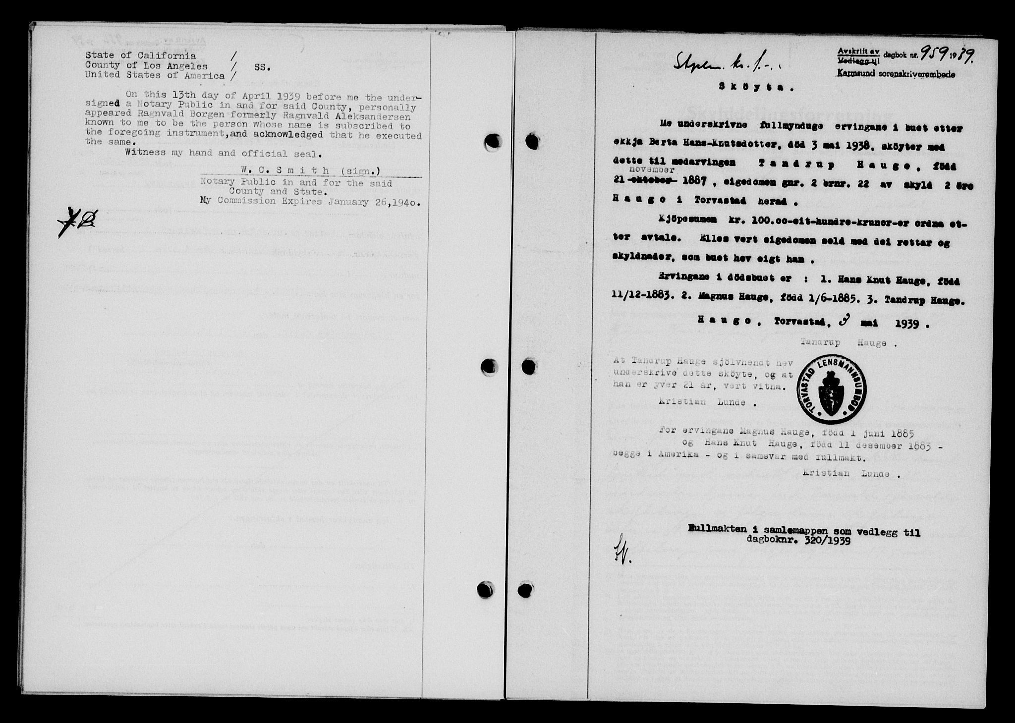 Karmsund sorenskriveri, SAST/A-100311/01/II/IIB/L0071: Pantebok nr. 52A, 1939-1939, Dagboknr: 959/1939