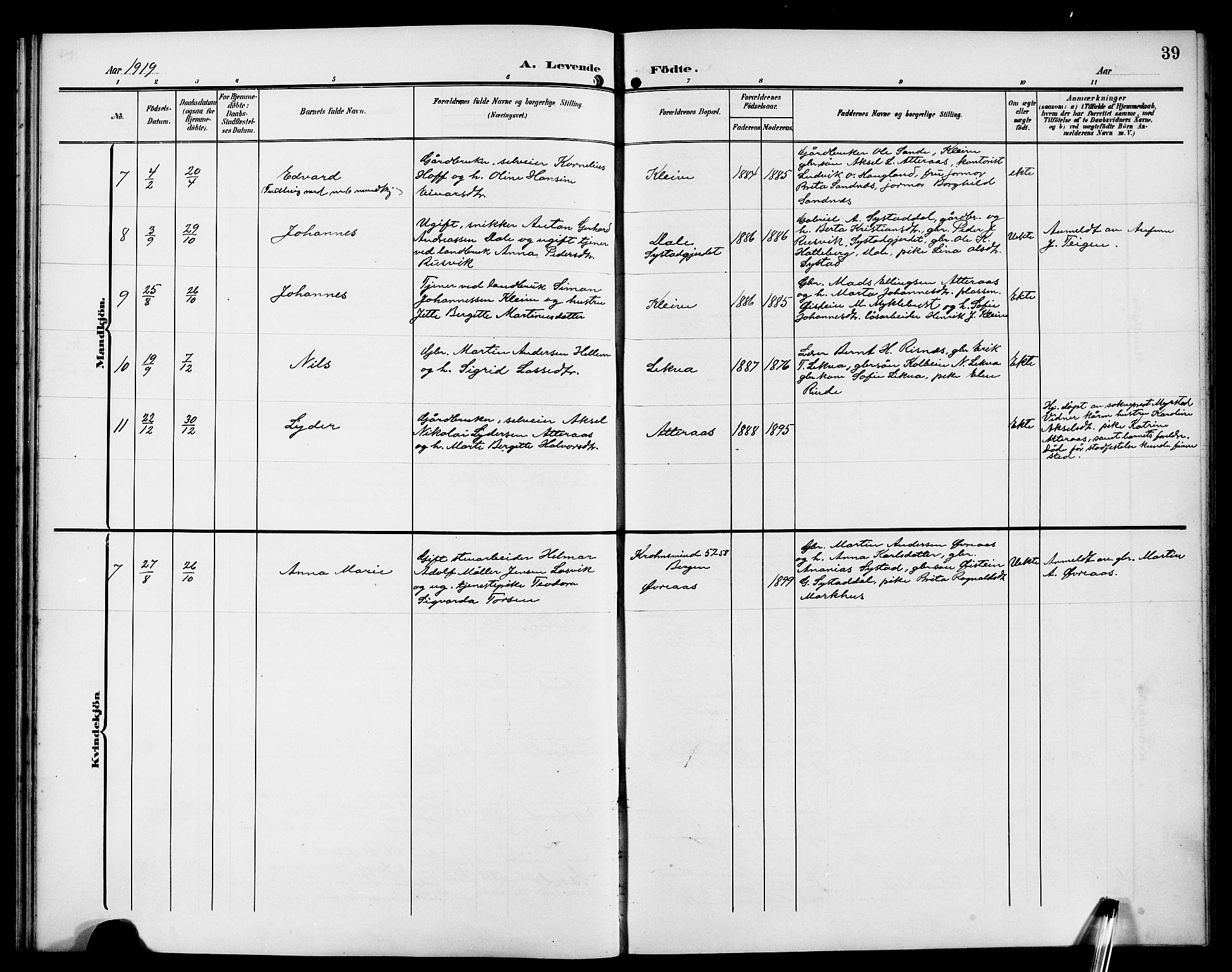 Hyllestad sokneprestembete, SAB/A-80401: Klokkerbok nr. A 3, 1906-1925, s. 39