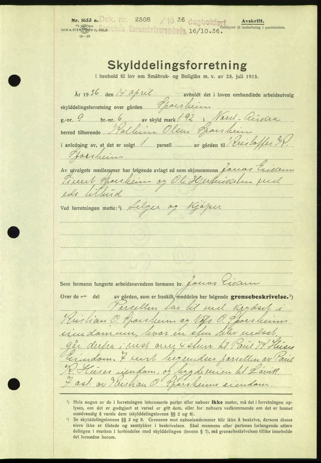 Romsdal sorenskriveri, SAT/A-4149/1/2/2C: Pantebok nr. A2, 1936-1937, Dagboknr: 2308/1936