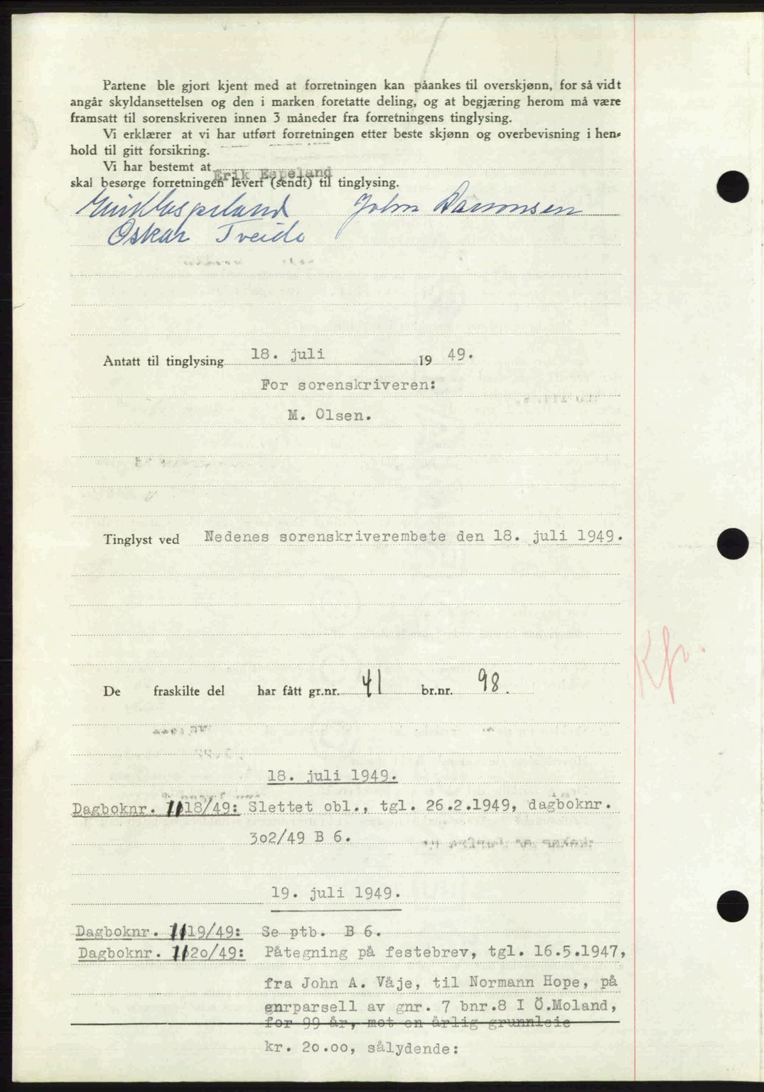 Nedenes sorenskriveri, AV/SAK-1221-0006/G/Gb/Gba/L0061: Pantebok nr. A13, 1949-1949, Dagboknr: 1117/1949