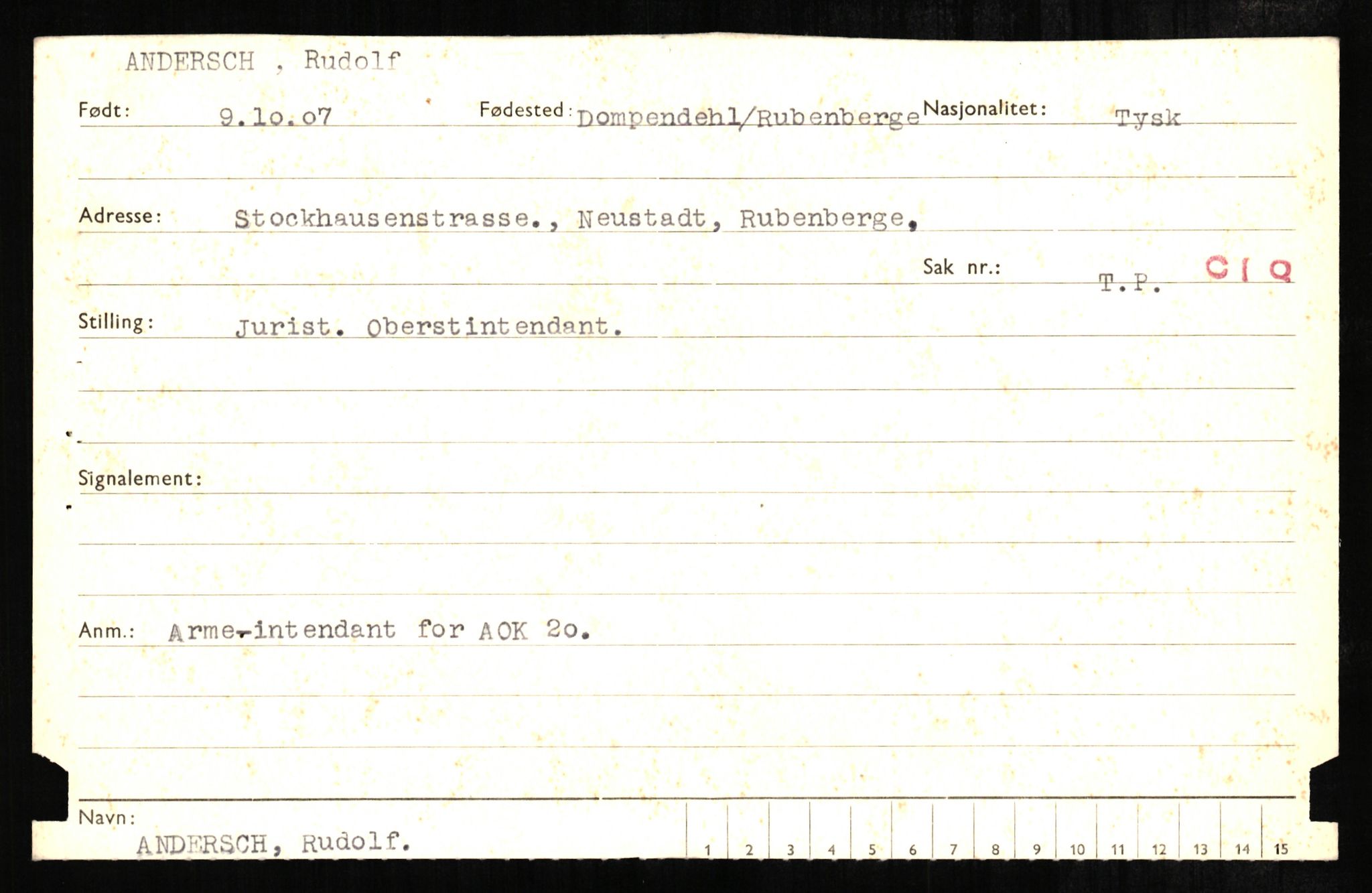 Forsvaret, Forsvarets overkommando II, RA/RAFA-3915/D/Db/L0001: CI Questionaires. Tyske okkupasjonsstyrker i Norge. Tyskere., 1945-1946, s. 238