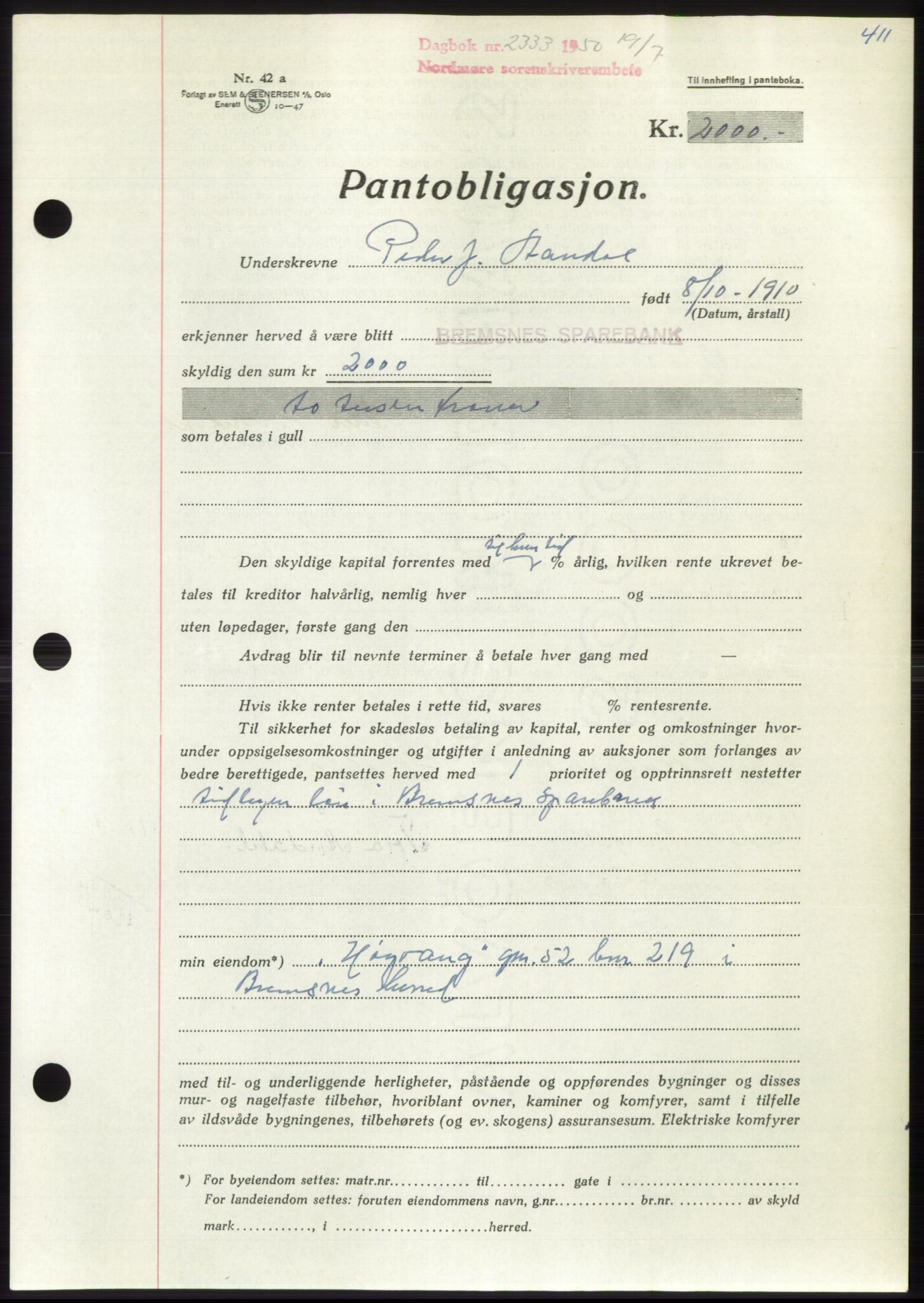 Nordmøre sorenskriveri, AV/SAT-A-4132/1/2/2Ca: Pantebok nr. B105, 1950-1950, Dagboknr: 2333/1950