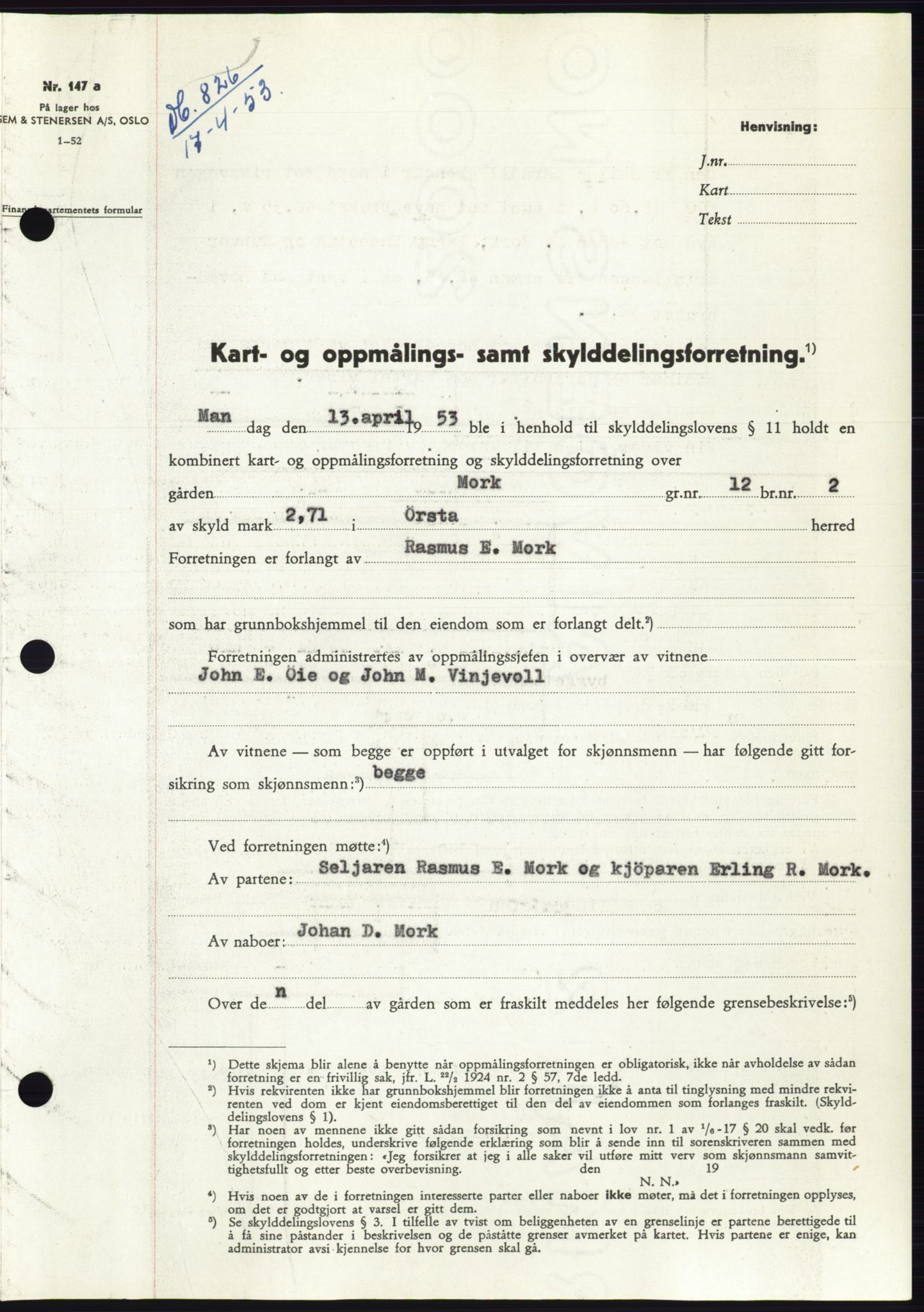 Søre Sunnmøre sorenskriveri, SAT/A-4122/1/2/2C/L0123: Pantebok nr. 11B, 1953-1953, Dagboknr: 826/1953