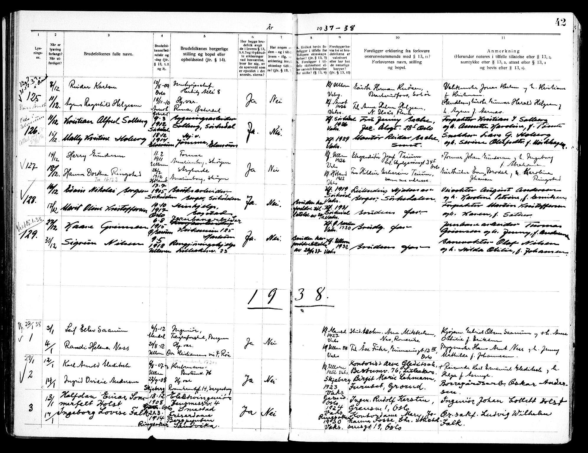 Ullern prestekontor Kirkebøker, AV/SAO-A-10740/H/L0004: Lysningsprotokoll nr. 4, 1933-1945, s. 42