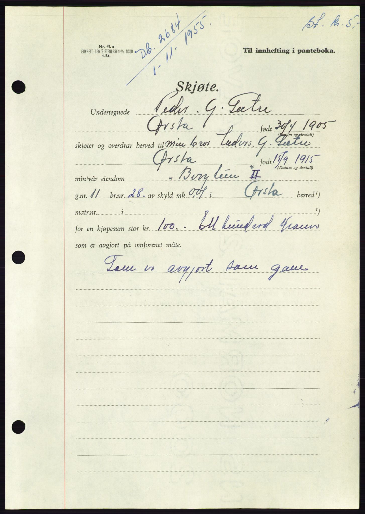Søre Sunnmøre sorenskriveri, AV/SAT-A-4122/1/2/2C/L0102: Pantebok nr. 28A, 1955-1956, Dagboknr: 2684/1955